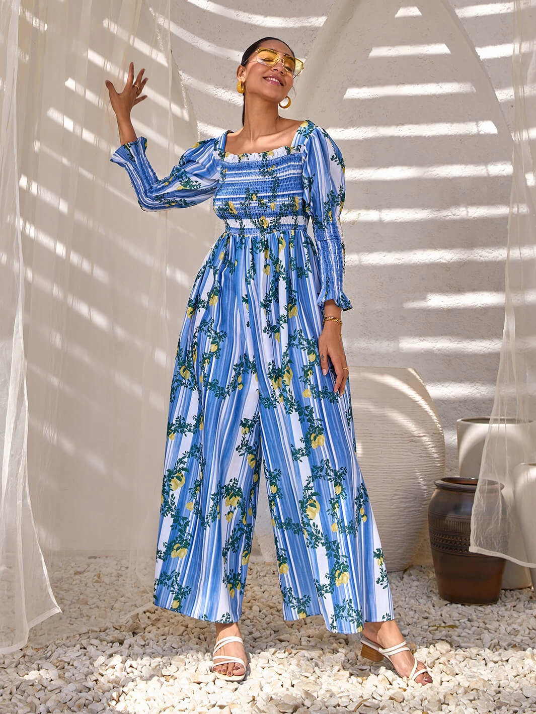 Timeless fitted silhouette Cetara Lemon Stripe Jumpsuit