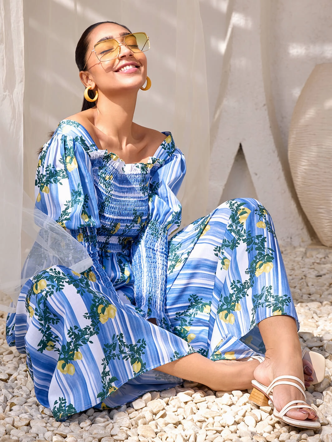 Cozy Drape Layered Movement Cetara Lemon Stripe Jumpsuit