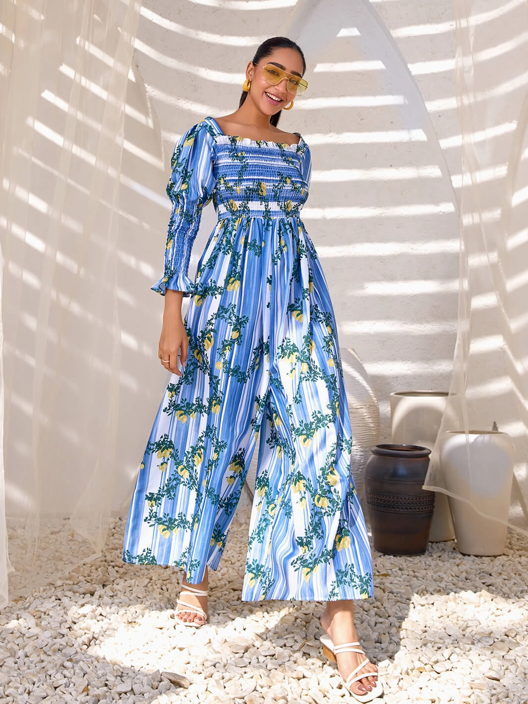 Cetara Lemon Stripe Jumpsuit Silk Shine Luxe Wear