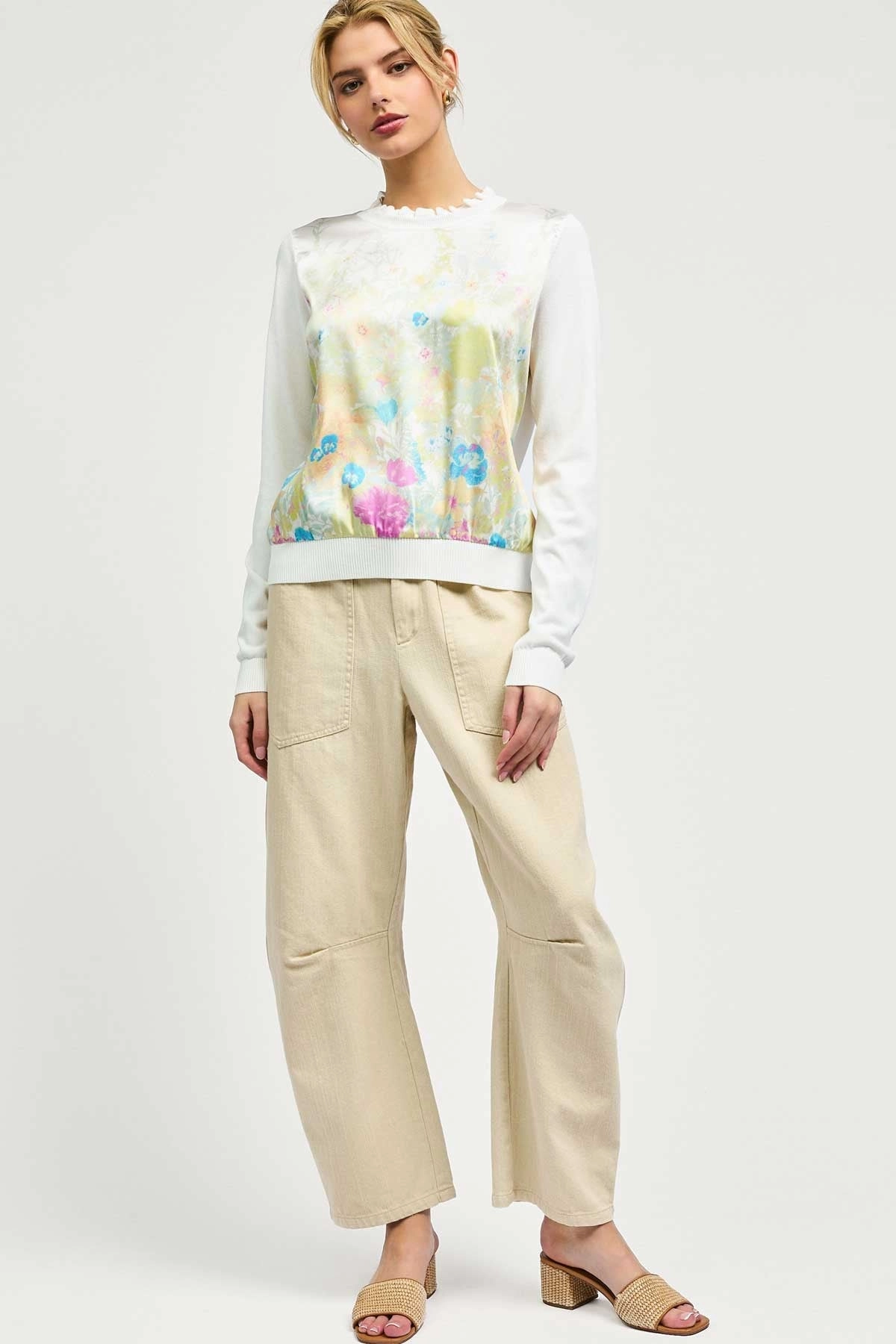 FLORAL SATIN FRONT KNIT TOP MultiPurposePockets