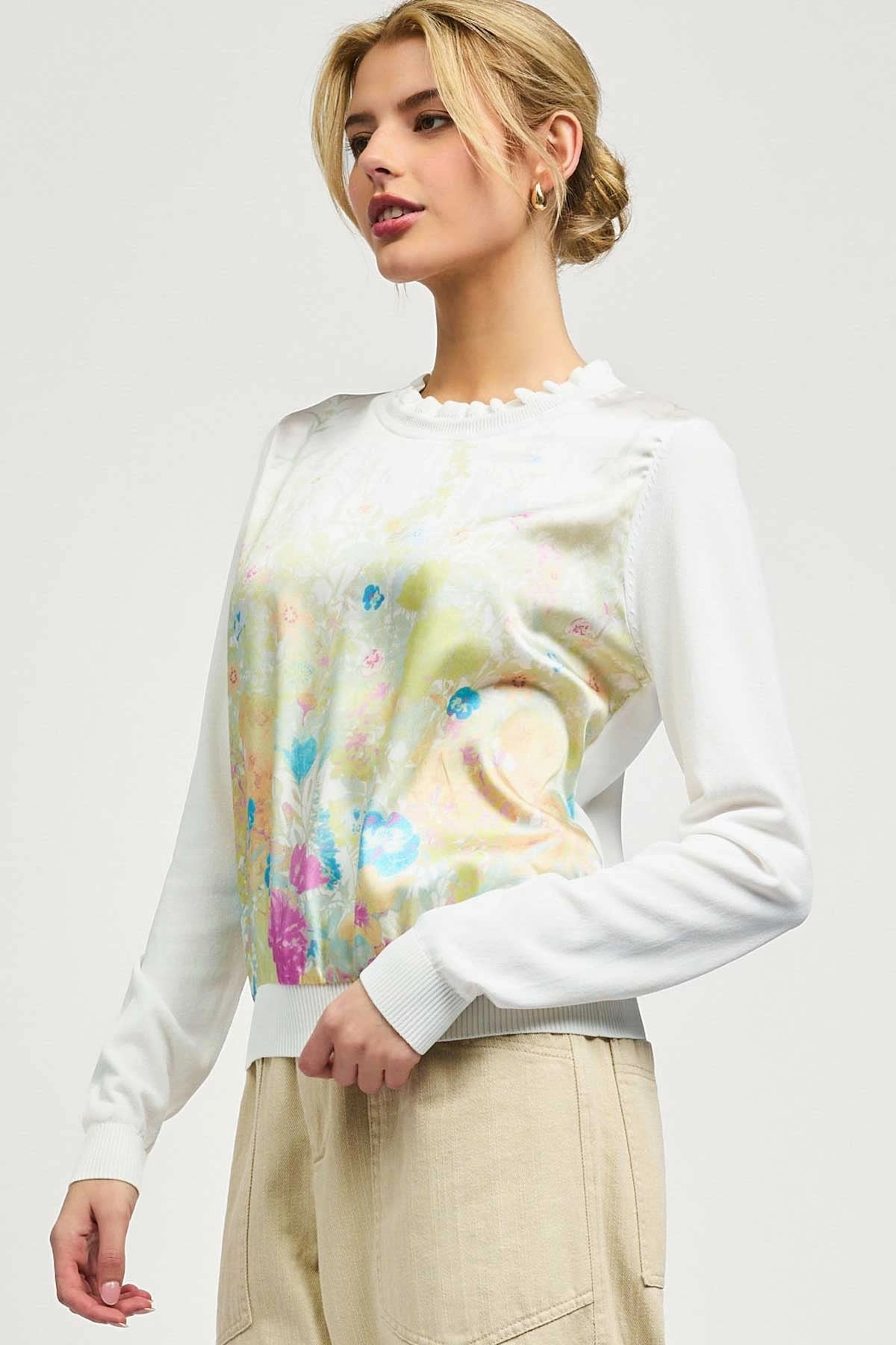 FLORAL SATIN FRONT KNIT TOP Breathable Style AirflowOptimized