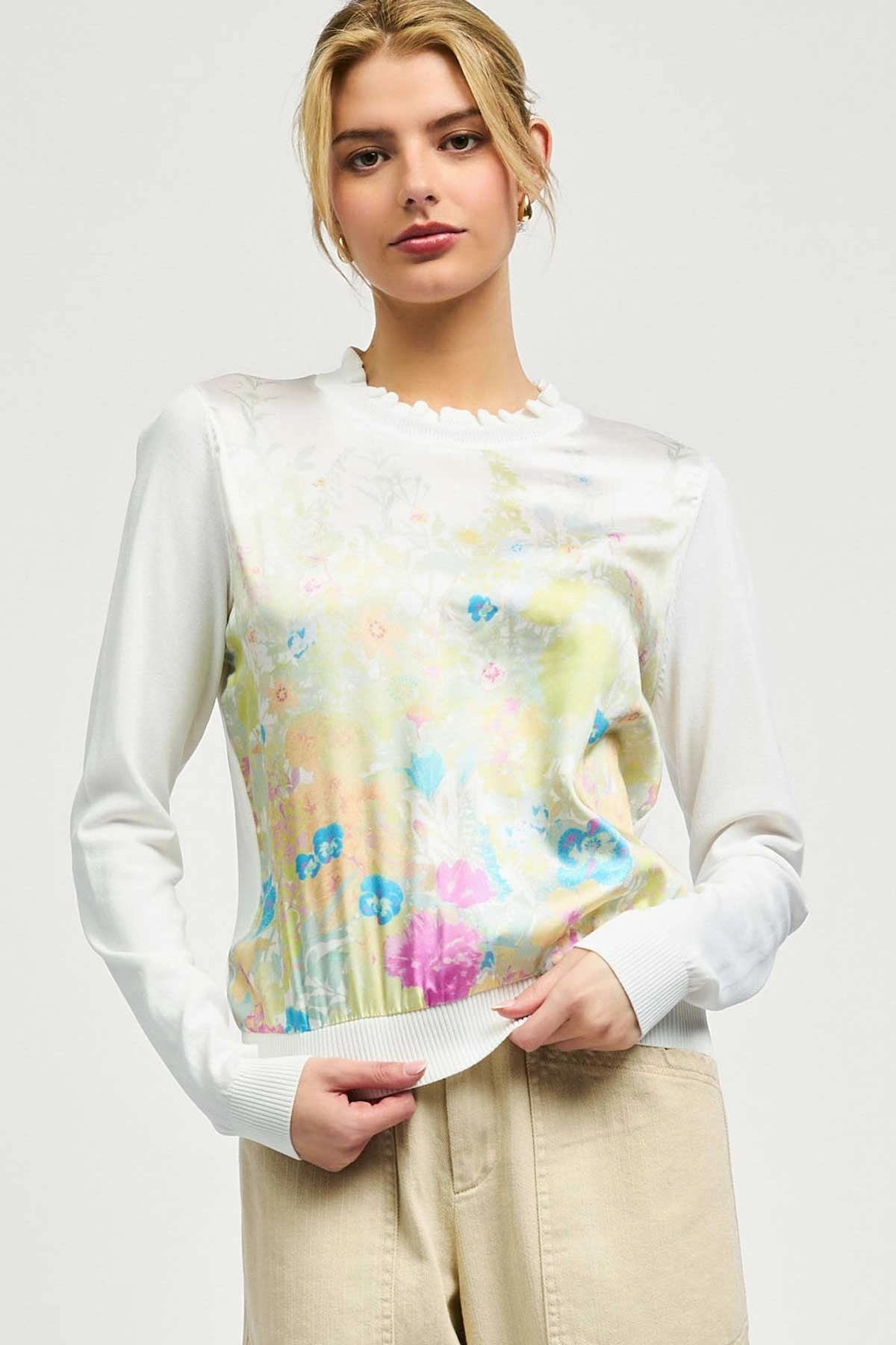 Shimmer Core Flexible Waistband FLORAL SATIN FRONT KNIT TOP