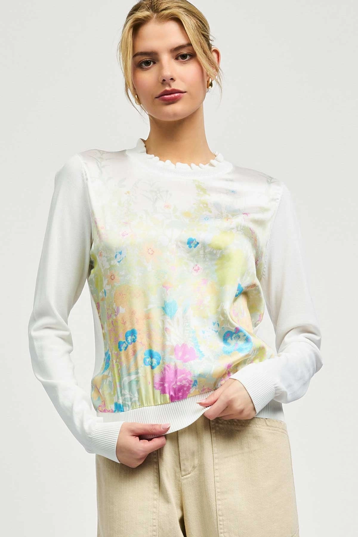 Flatlock Seam Design FLORAL SATIN FRONT KNIT TOP