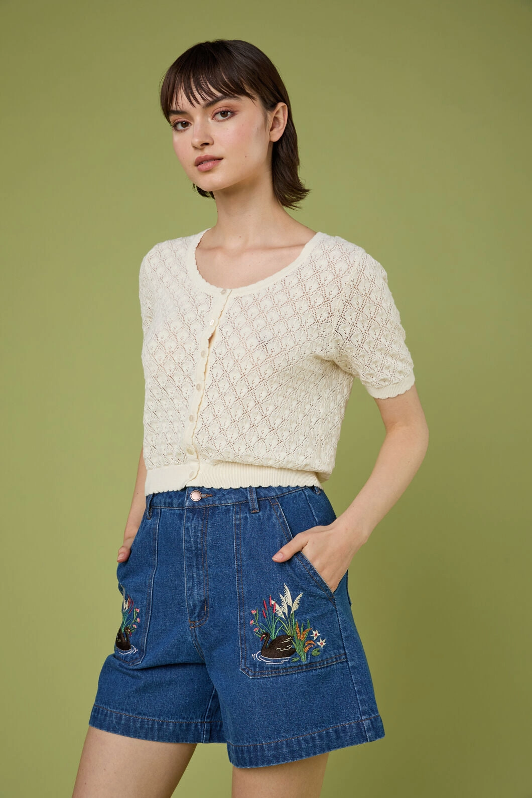 Style Preview Swan Embroidered Denim Short