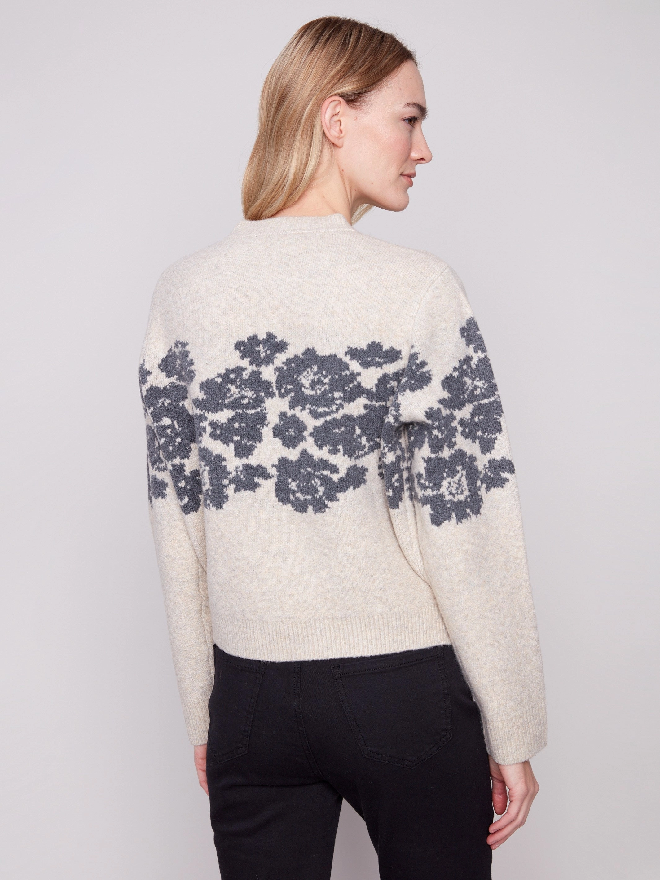 Plain look Flower Jacquard Crew Neck Sweater - Heather Vanilla