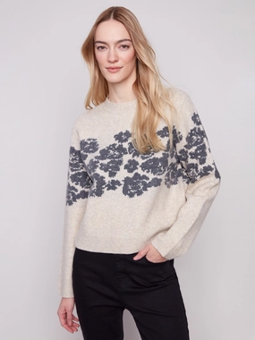 Flower Jacquard Crew Neck Sweater - Heather Vanilla Party