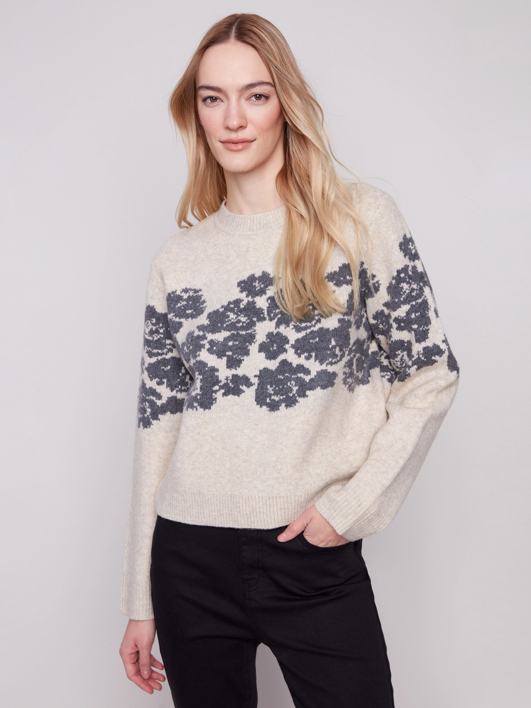 Flower Jacquard Crew Neck Sweater - Heather Vanilla Party