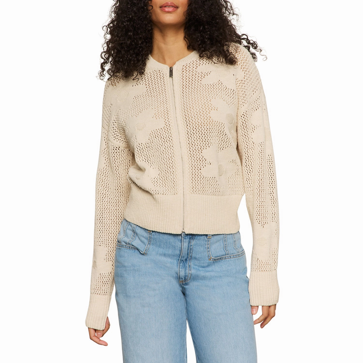 FLOWER POP OPEN STITCH ZIP CARDI Relaxing Wear Cyber Glow