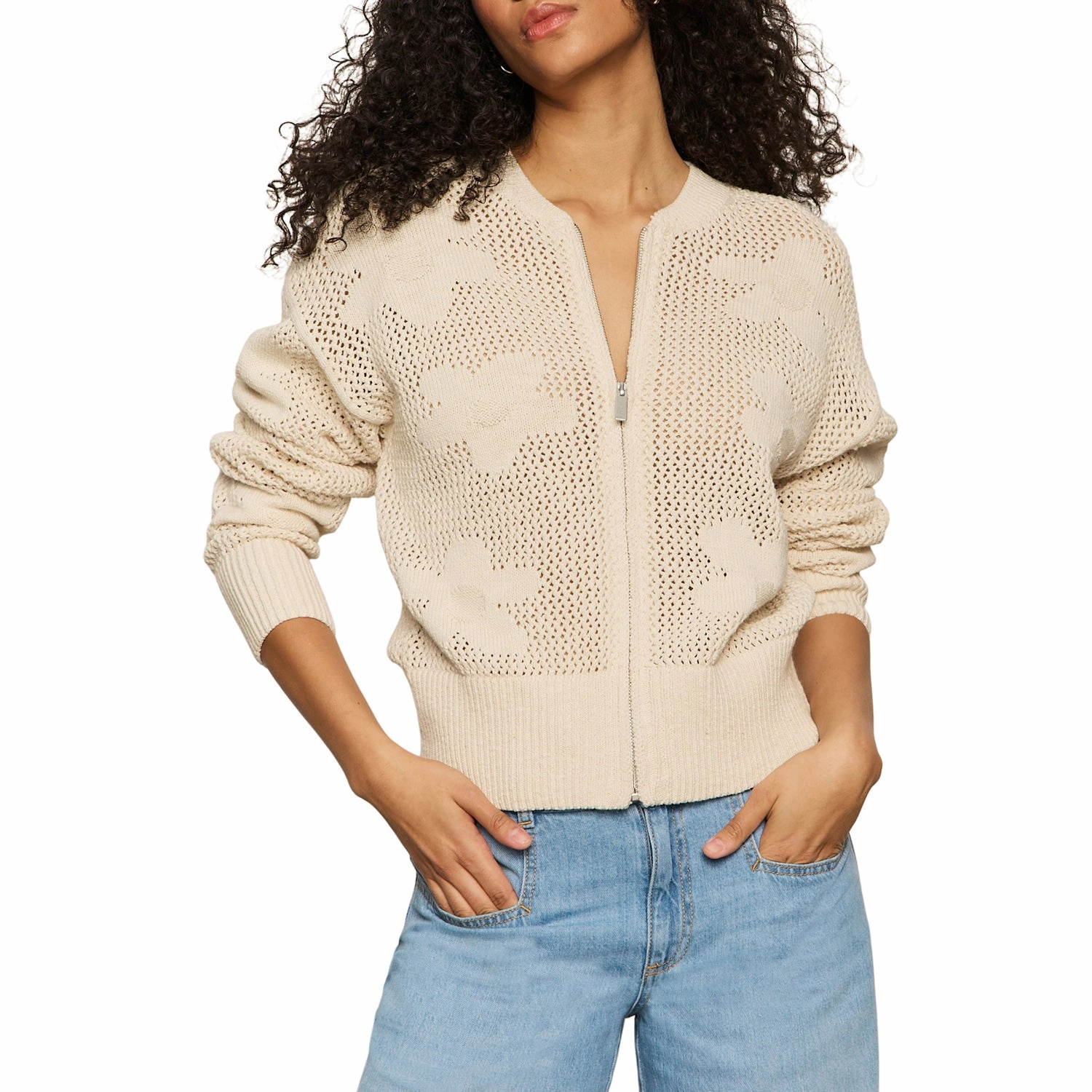 Saga Fit Fashion Layers FLOWER POP OPEN STITCH ZIP CARDI