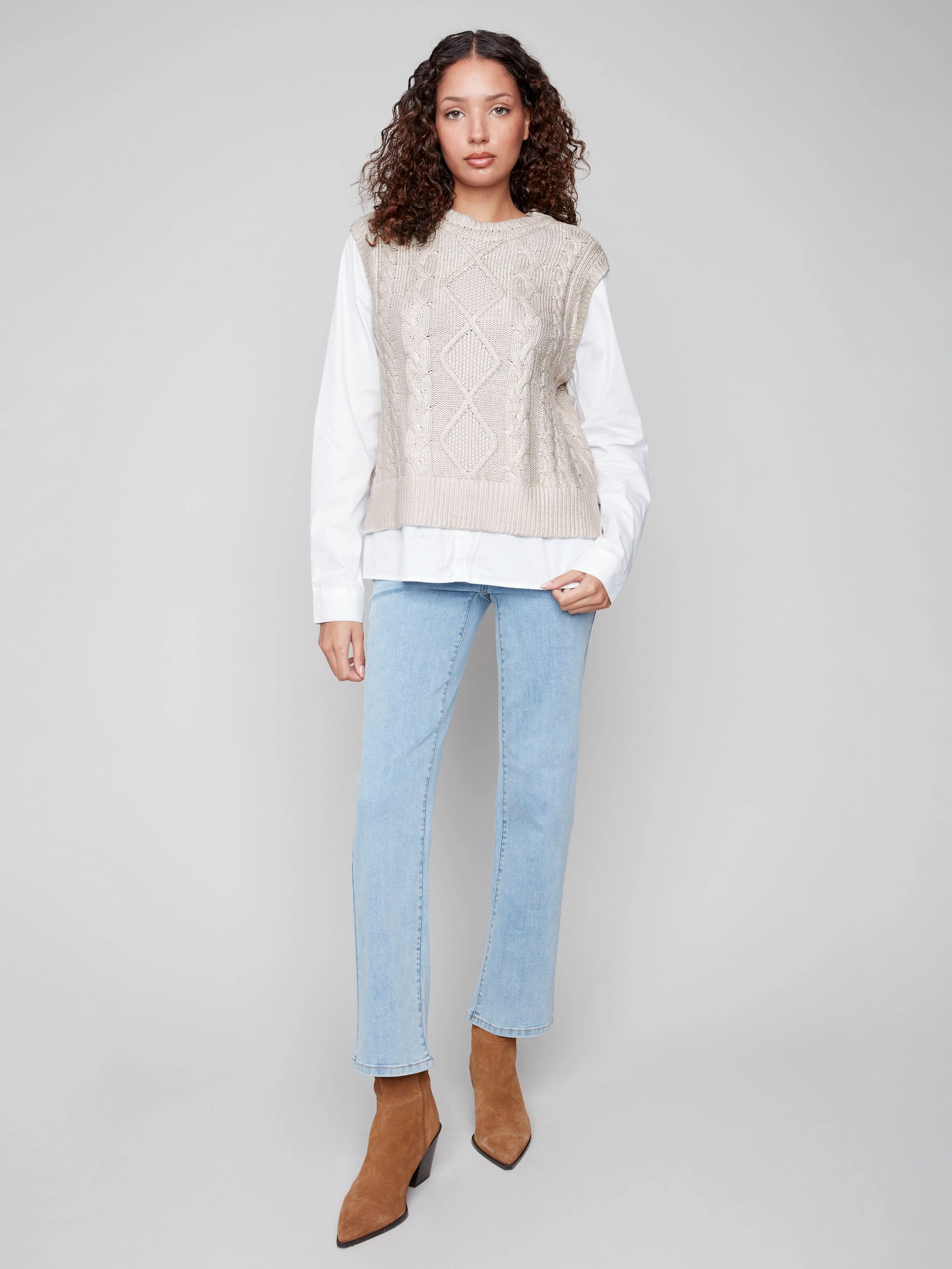 Layered Replace Foiled Crew Neck Fooler Sweater Vest - Gold