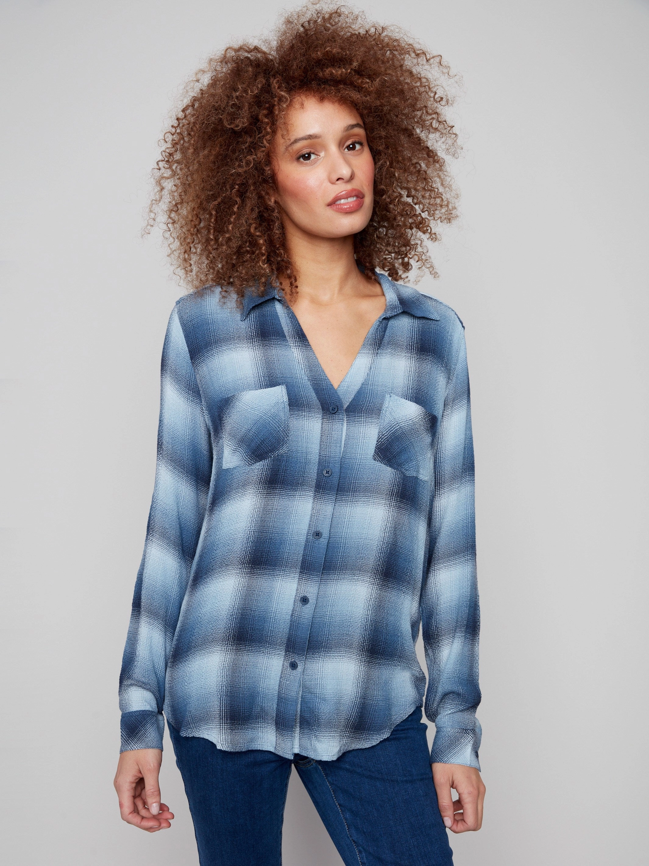 Easter Soft Plaid Button-Front Blouse - Denim