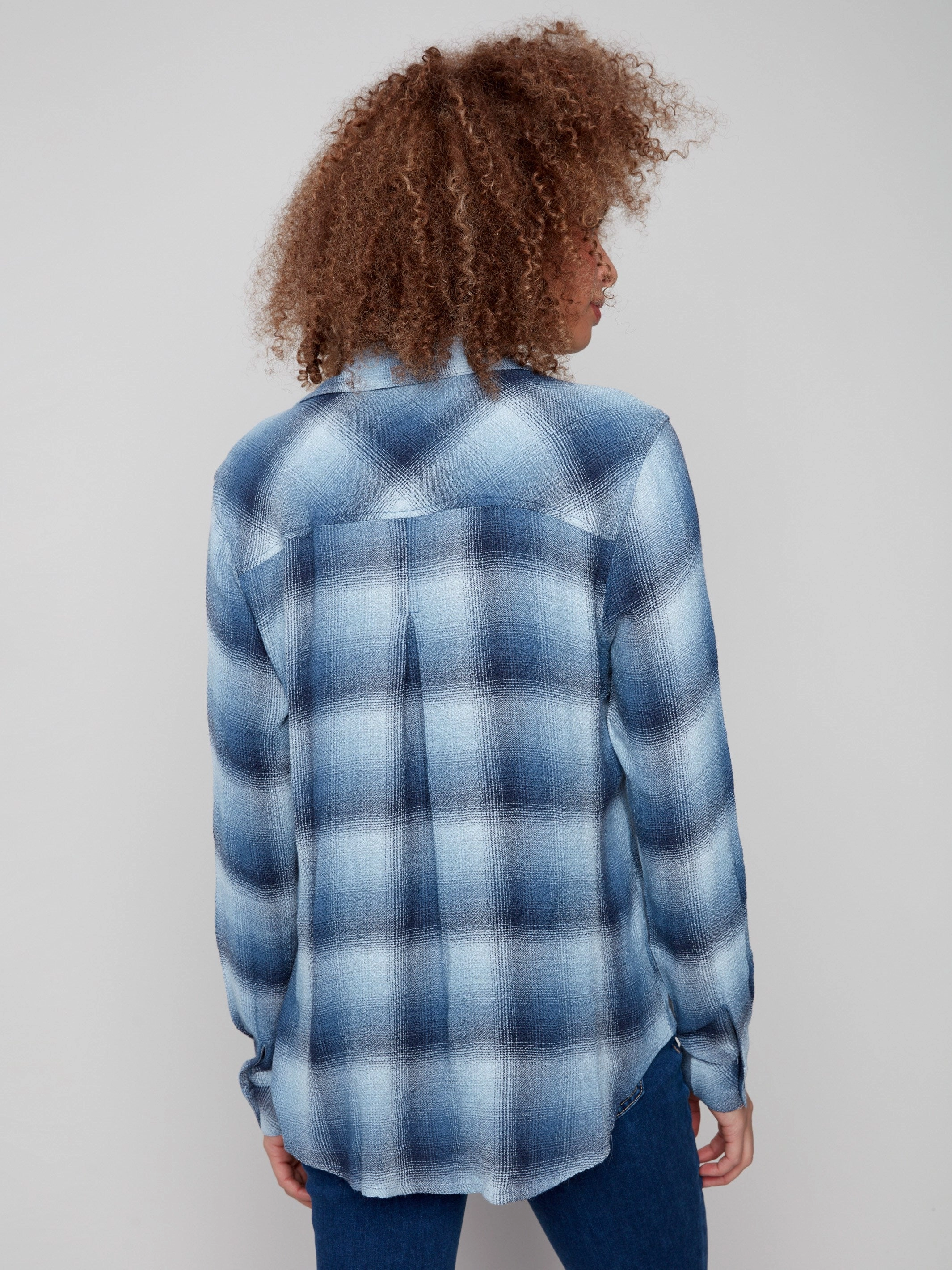 Travel - wear Gloved Soft Plaid Button-Front Blouse - Denim