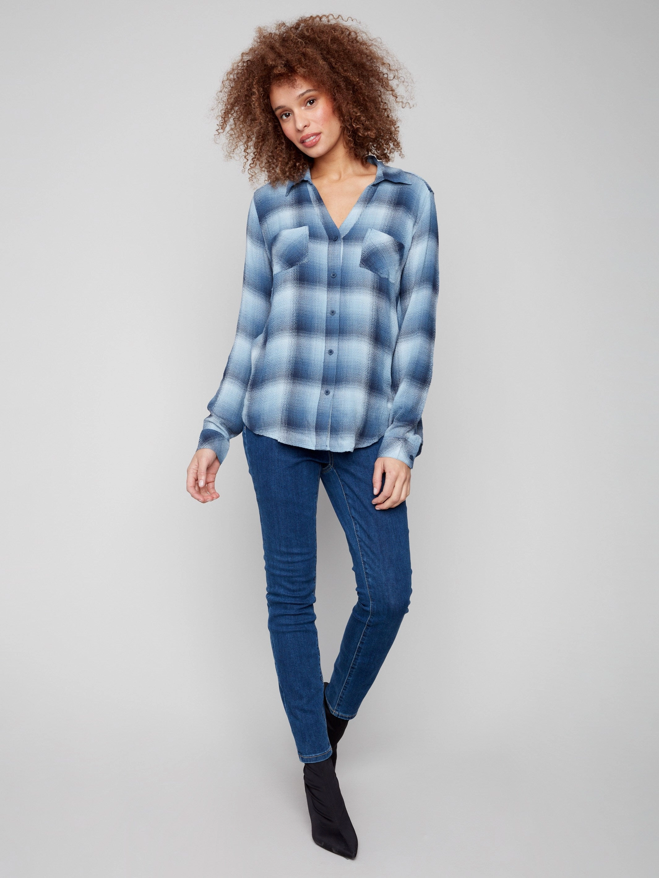 Soft Plaid Button-Front Blouse - Denim Cold Weather Short