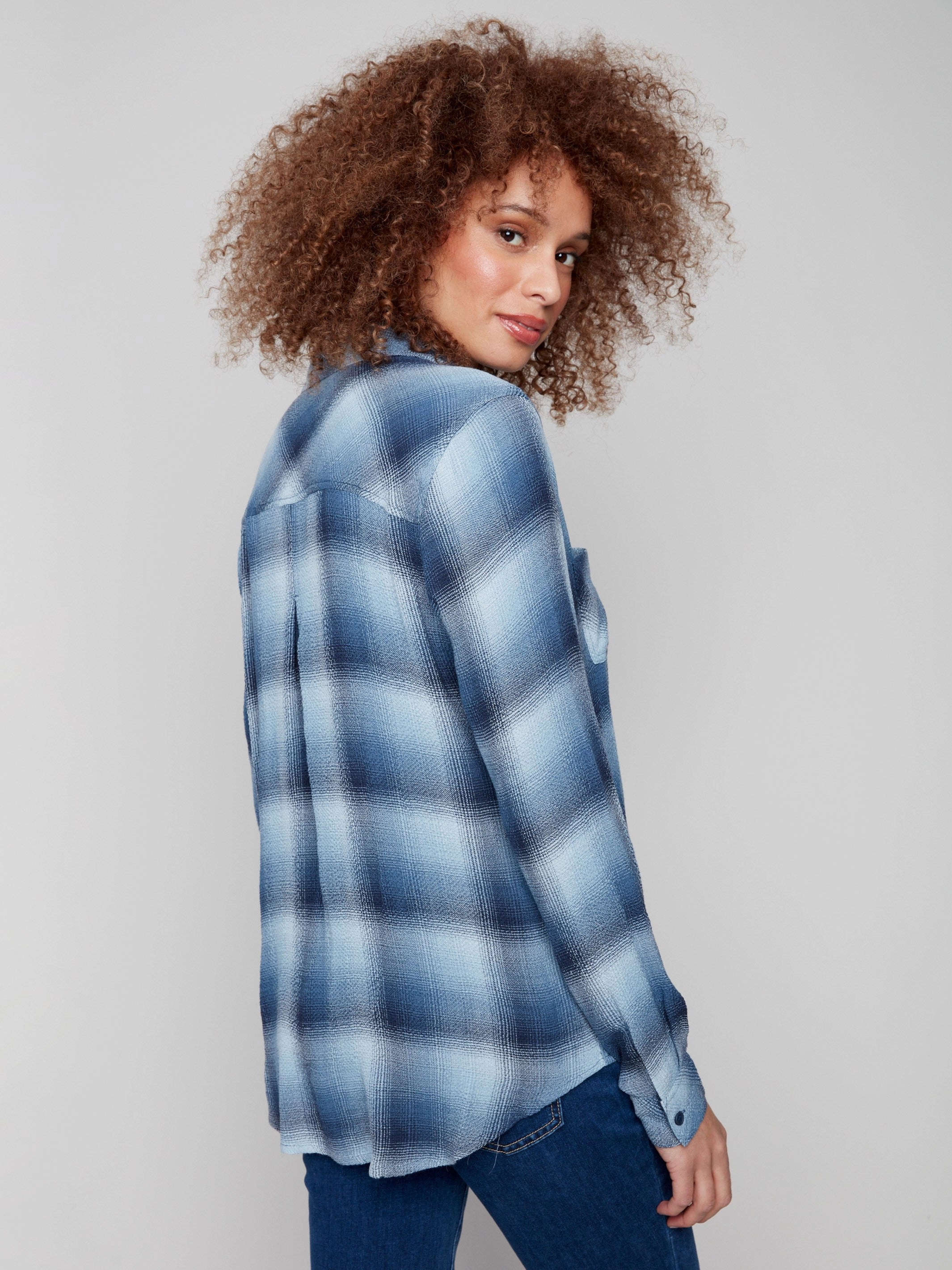 Corduroy Elderly Soft Plaid Button-Front Blouse - Denim