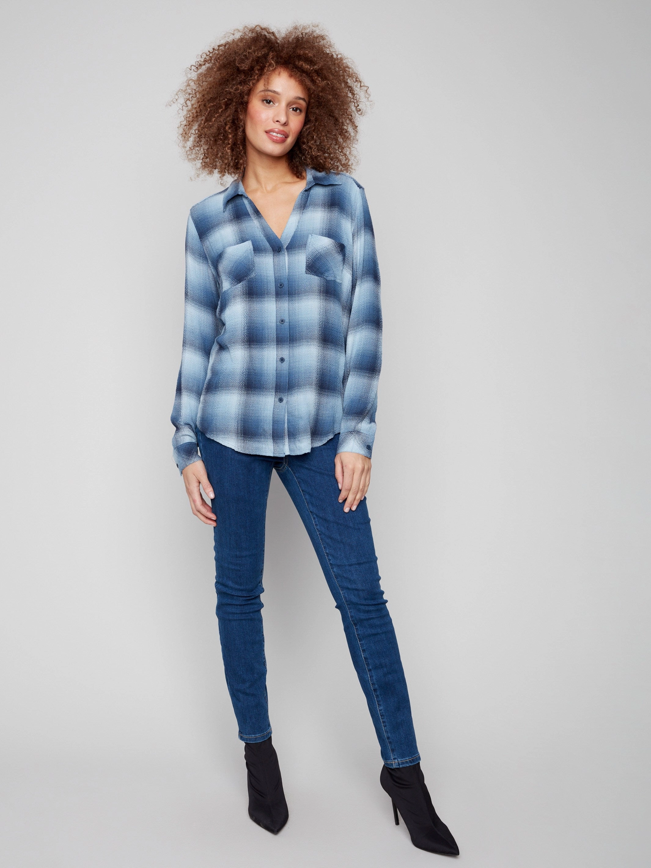Soft Plaid Button-Front Blouse - Denim Comfy