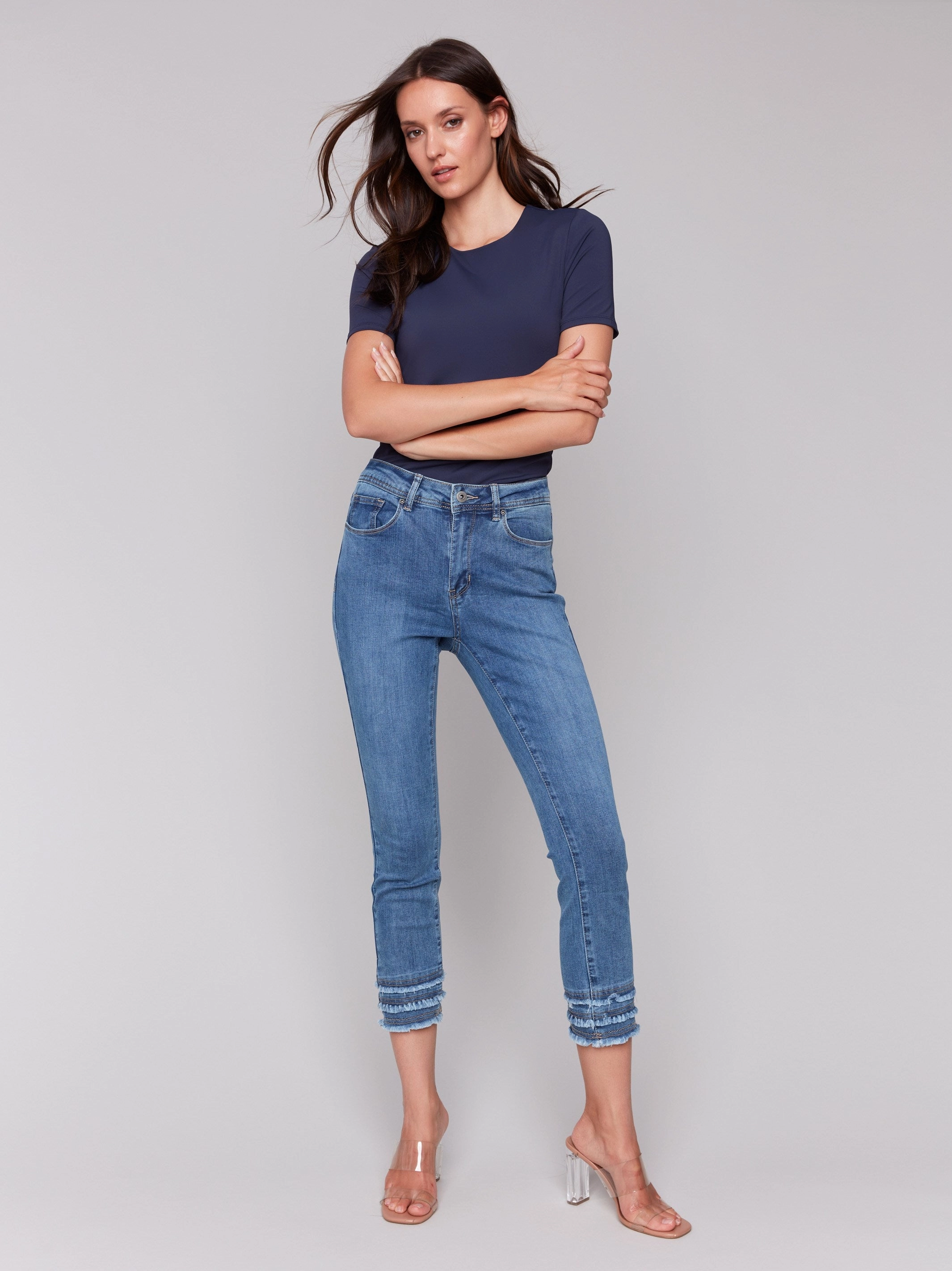 Timeless Comfort Color Lock Technology Frayed Hem Cropped Denim Pants - Medium Blue