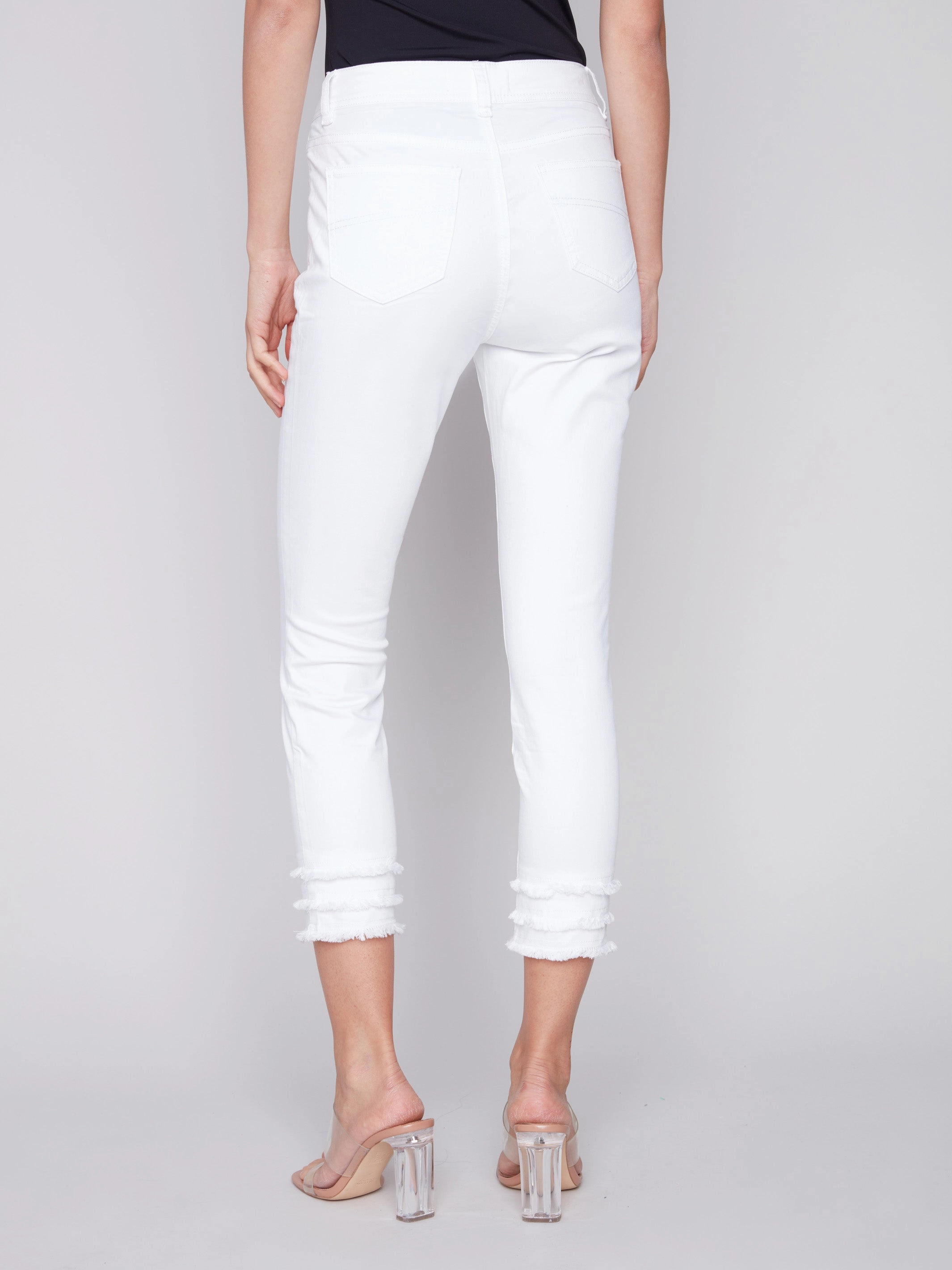 Anti Fade Technology Frayed Hem Cropped Twill Pants - White