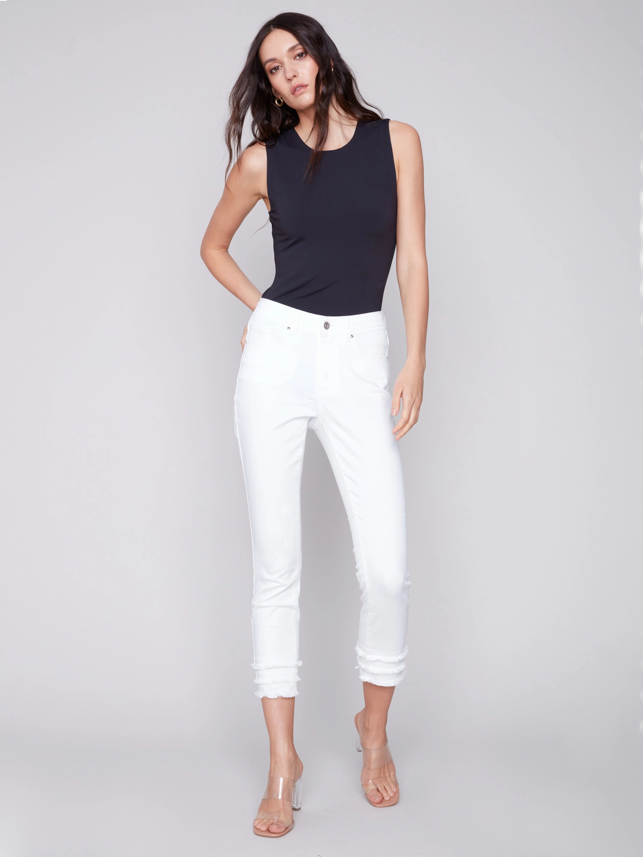 Daytime Look Low Maintenance Fabric Frayed Hem Cropped Twill Pants - White