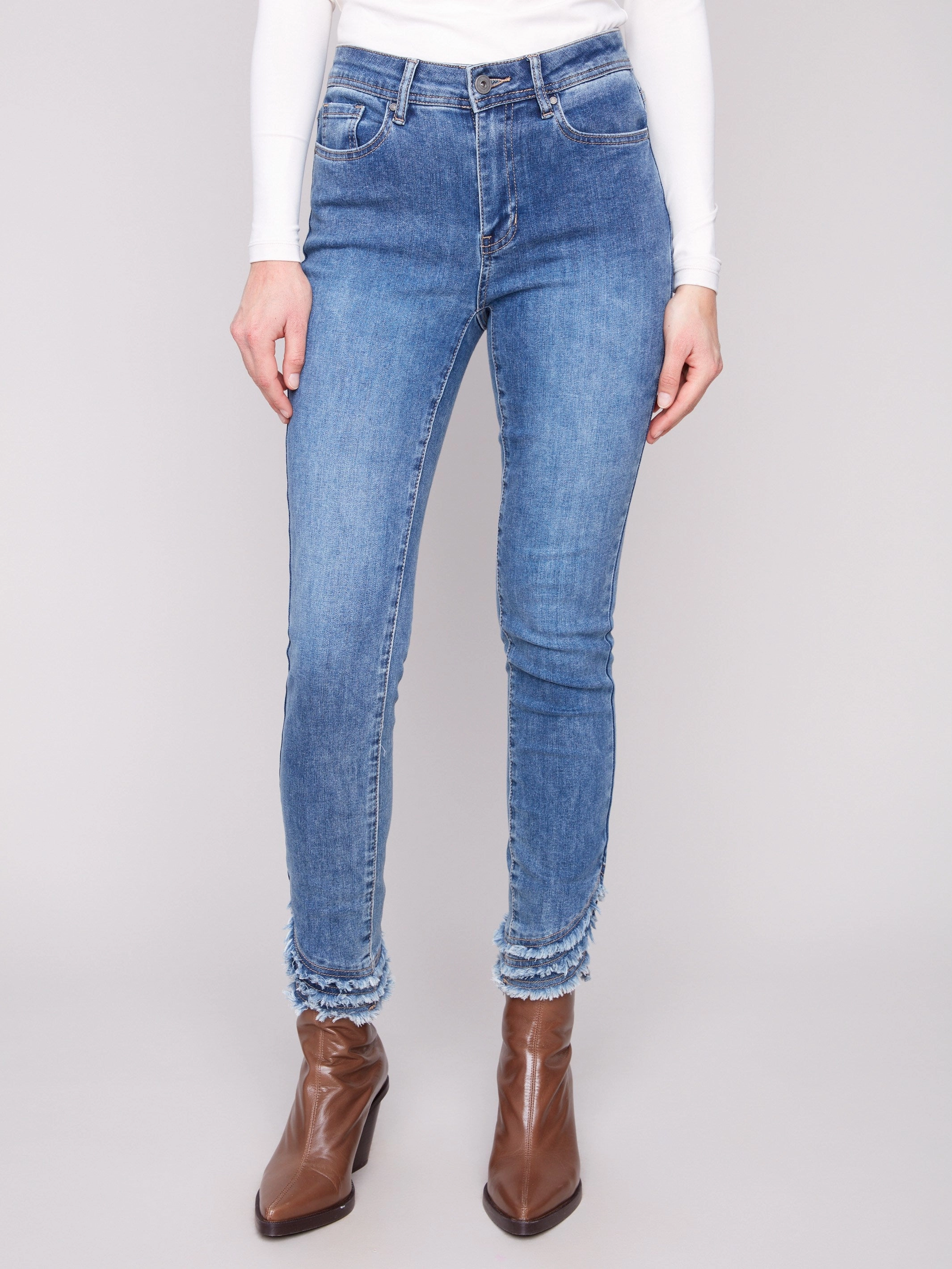 Sunny Vibes Casual Outdoor Adventure Adult Fashion Frayed Hem Denim Pants - Medium Blue