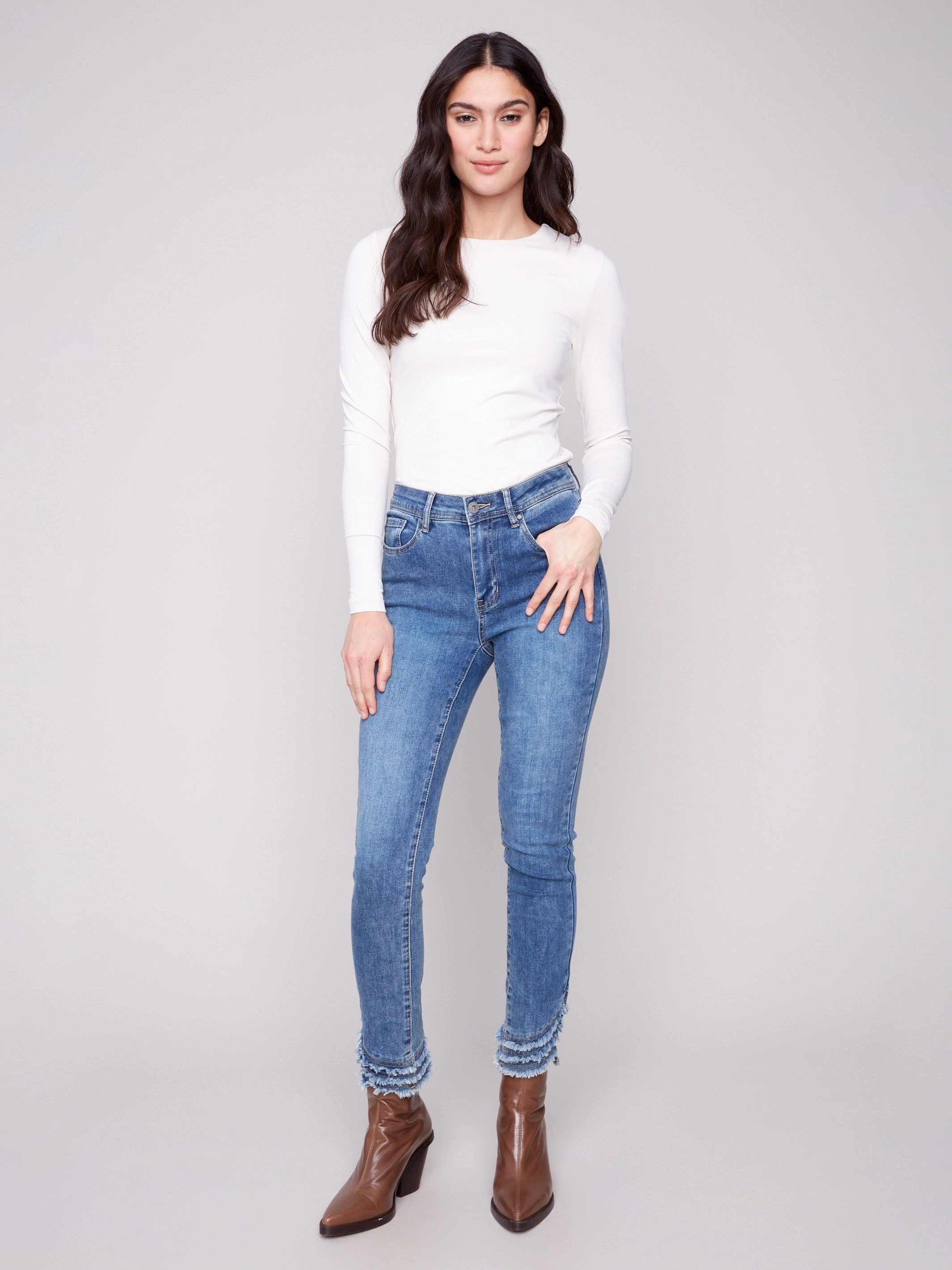 Morning Ready Office Wear Modern Frayed Hem Denim Pants - Medium Blue