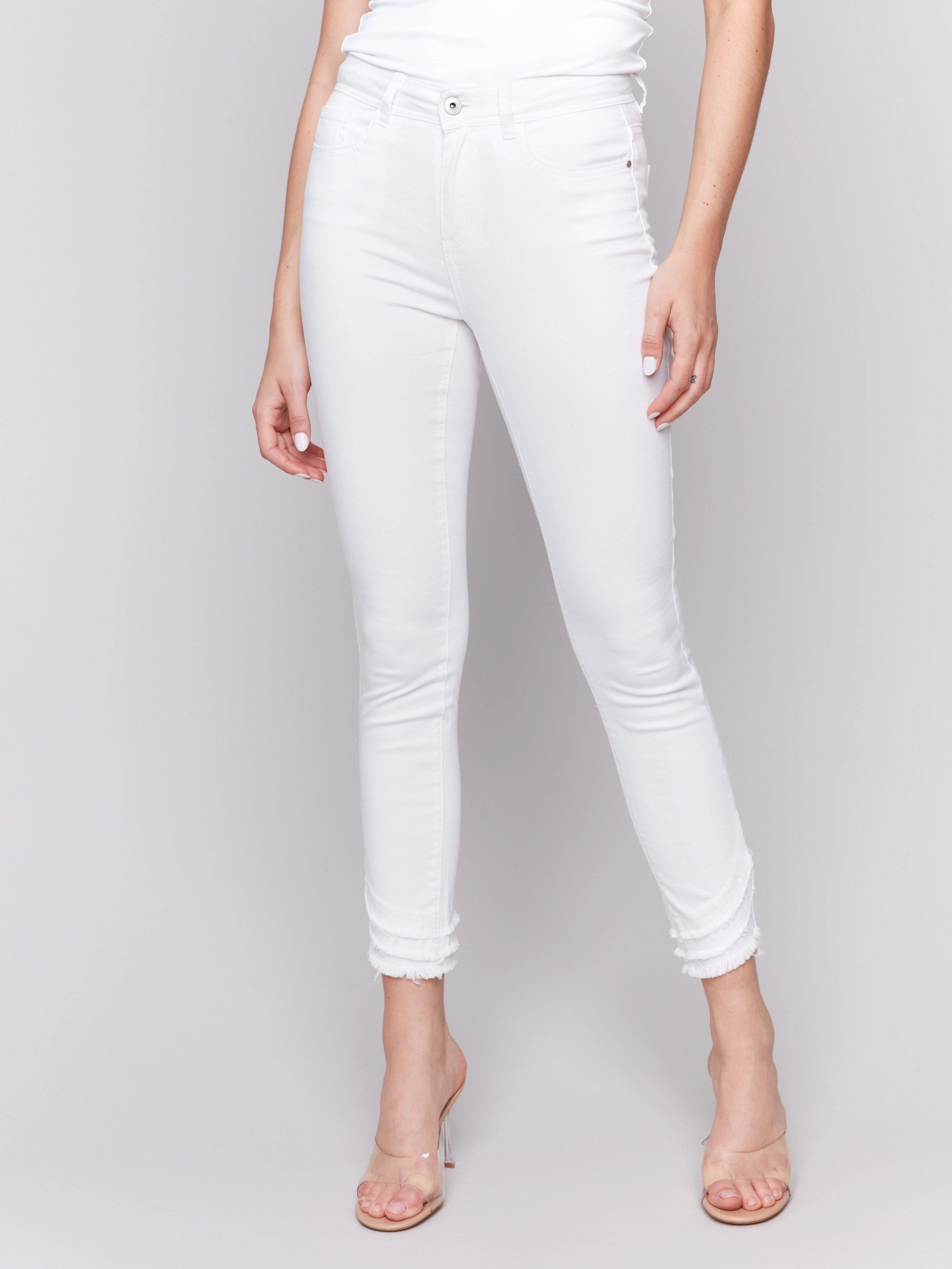 Frayed Hem Twill Pants - White Simple Touch