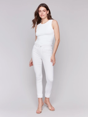 Frayed Hem Twill Pants - White Textured Party Look Soft Non Toxic Textile Certified