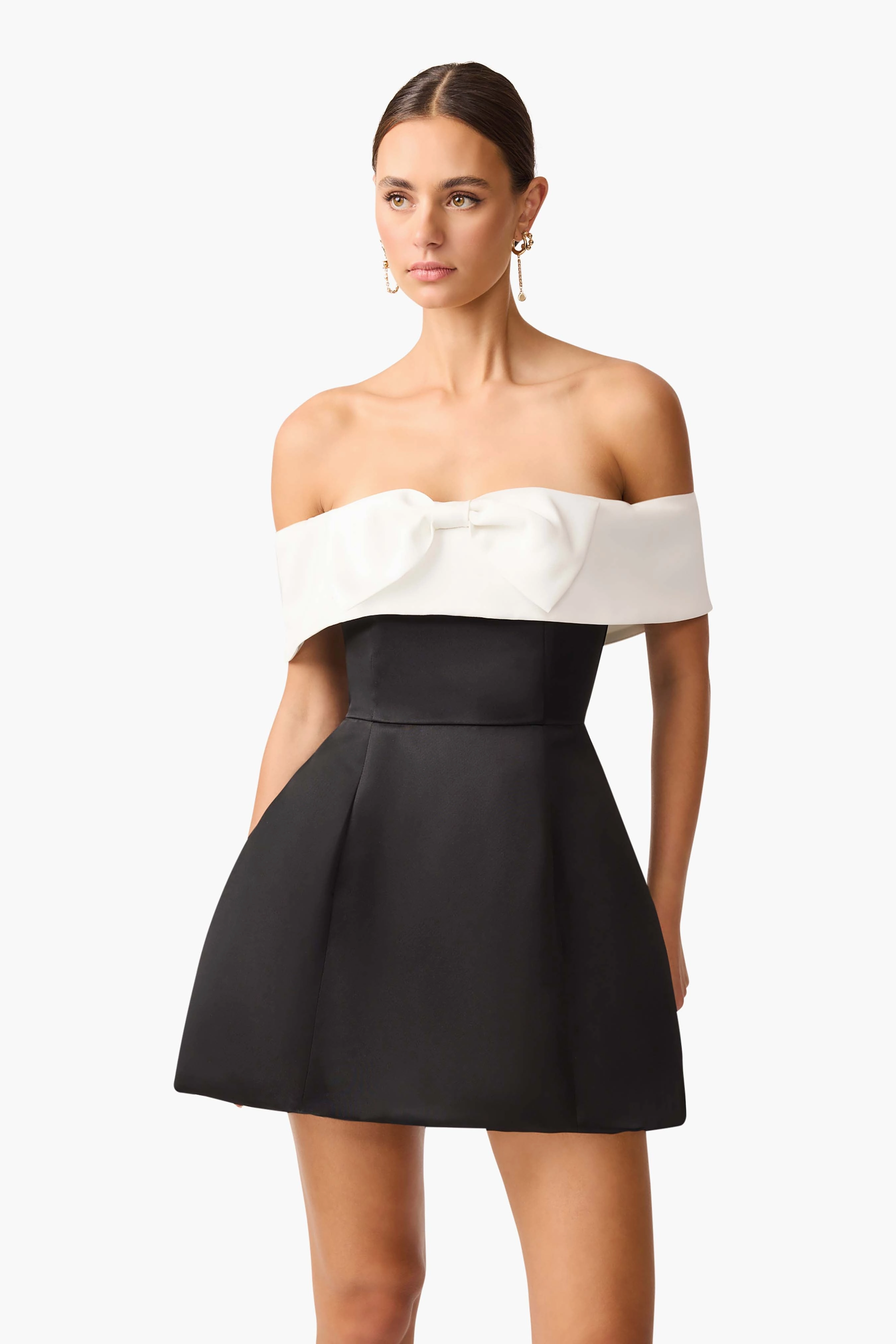 Sorrel Off the Shoulder Mini Dress in Black & White Comfortable fit for outings