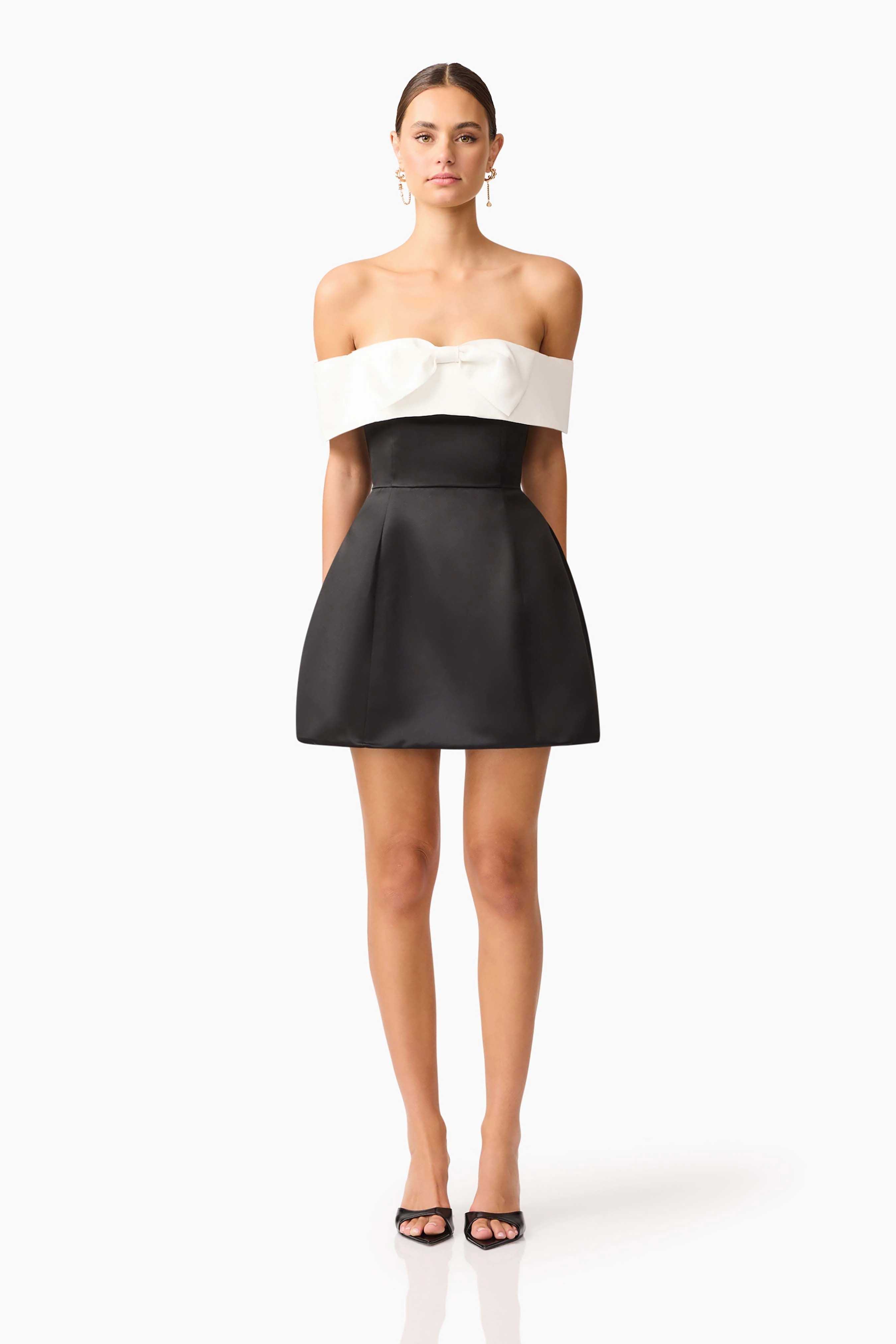 Delicate Edge Sorrel Off the Shoulder Mini Dress in Black & White
