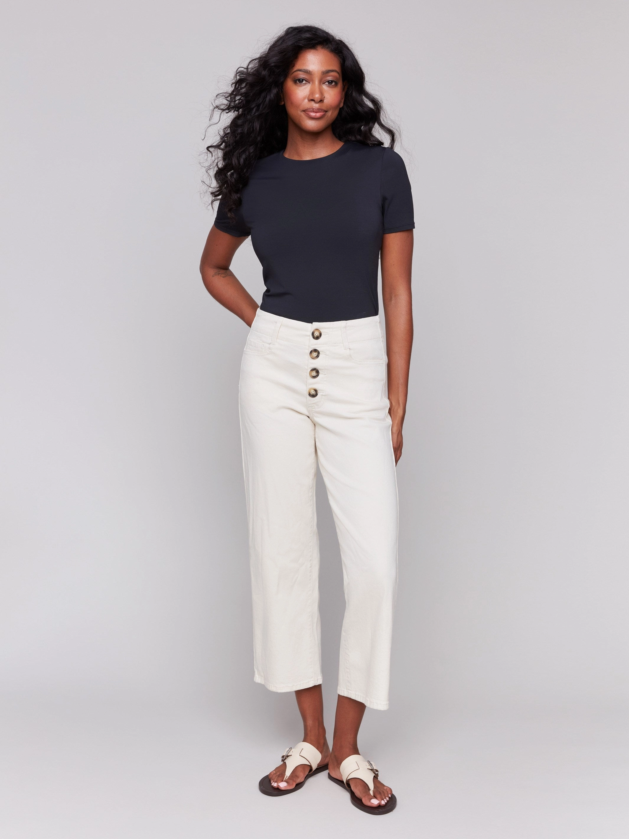 Front Button-Fly Crop Twill Pants - Natural Casual Friday Versatile