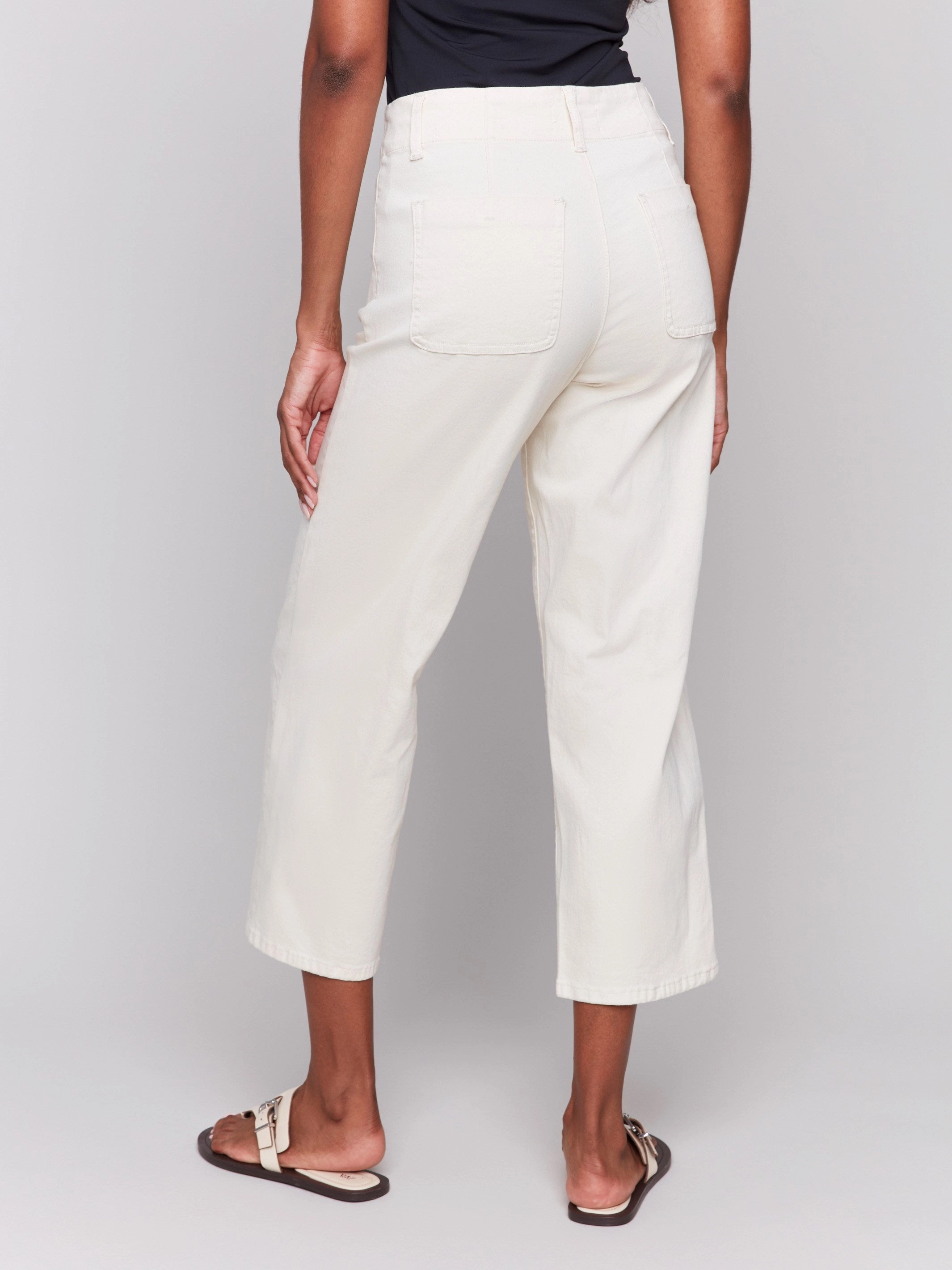 Front Button-Fly Crop Twill Pants - Natural Travel Outfit Student Outfit Lightweight Spring Mood Bold