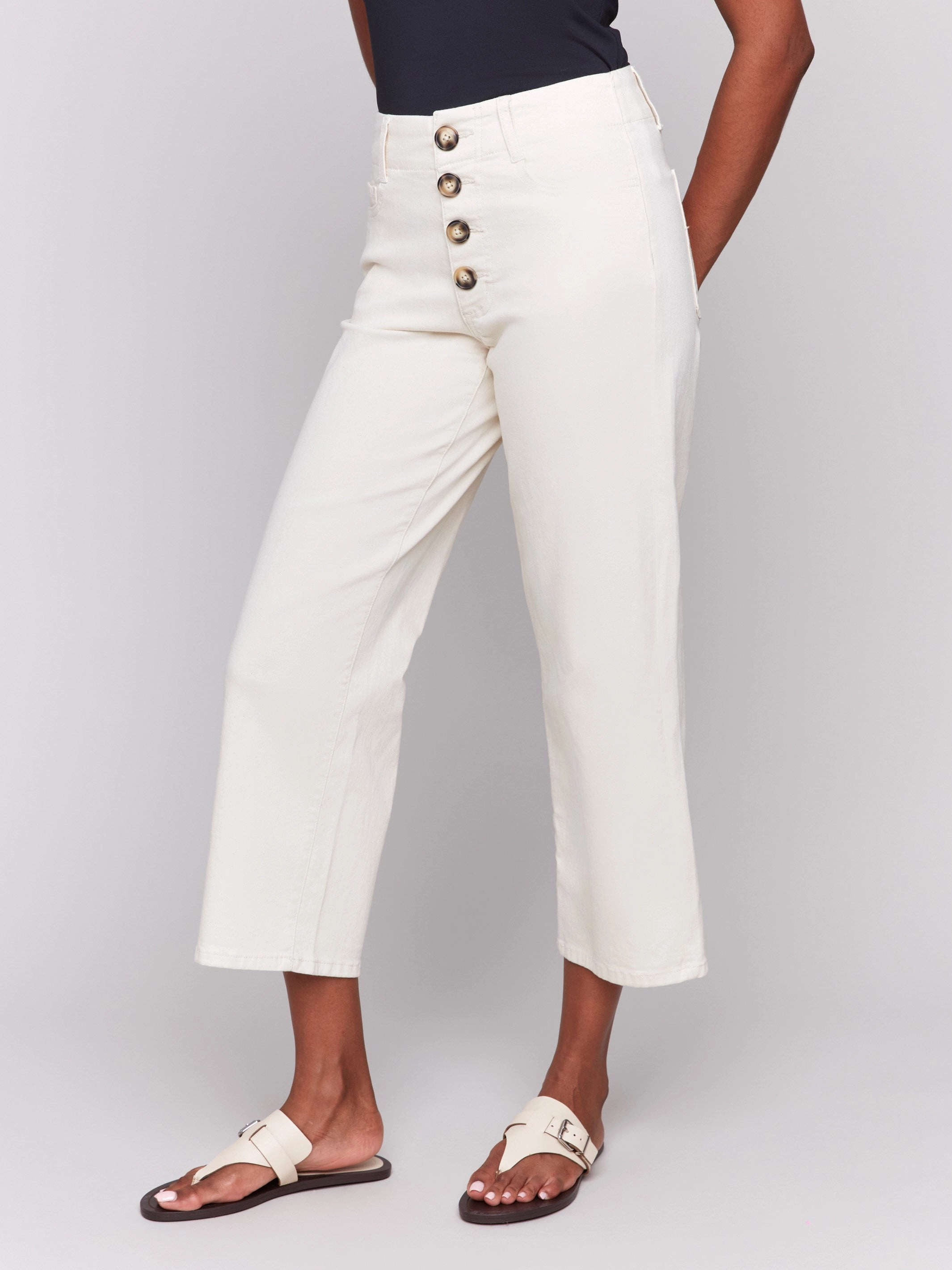 Front Button-Fly Crop Twill Pants - Natural Fast Match
