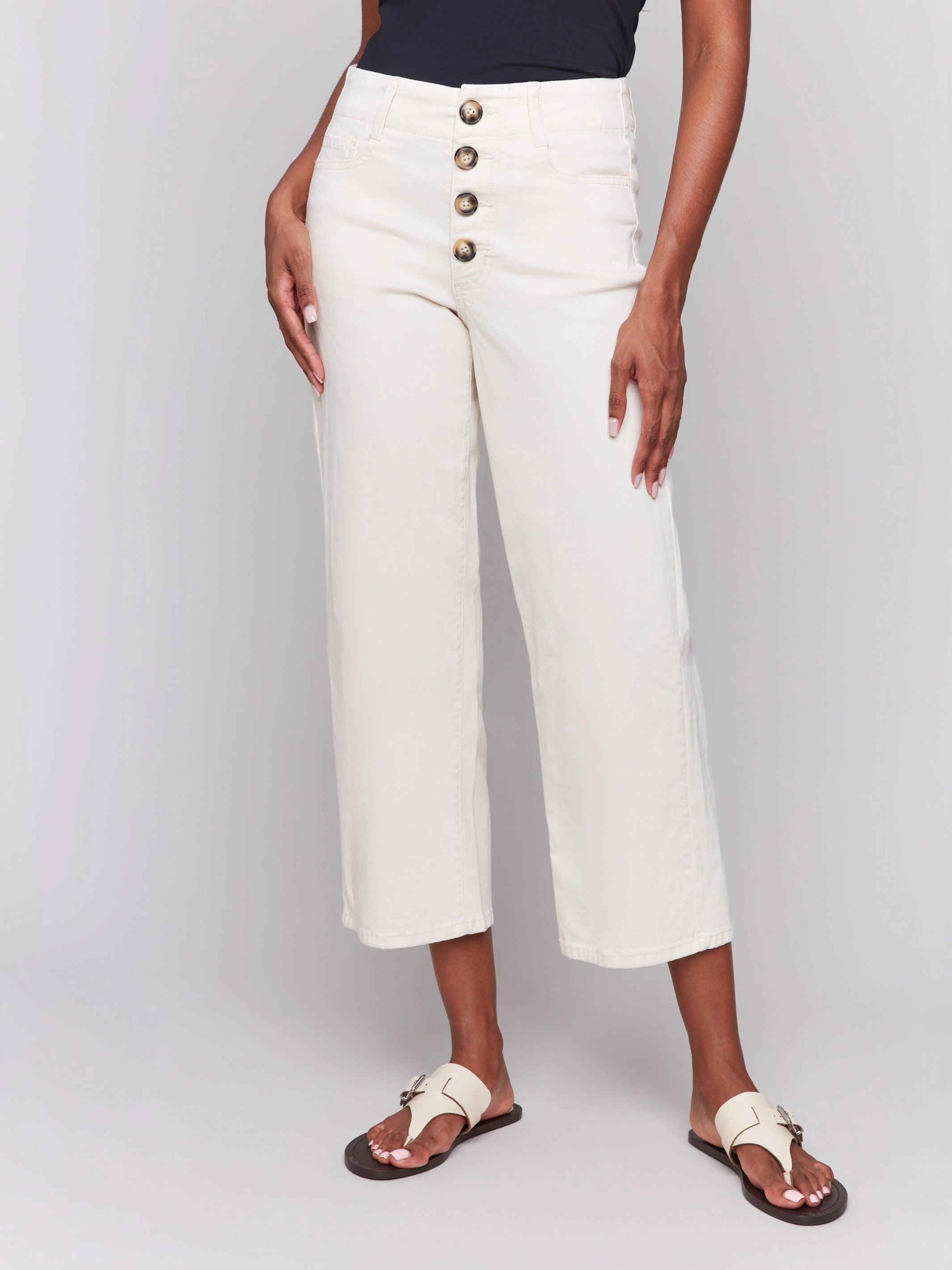 Daily Uniform Relaxed Style Lightweight Durable Front Button-Fly Crop Twill Pants - Natural