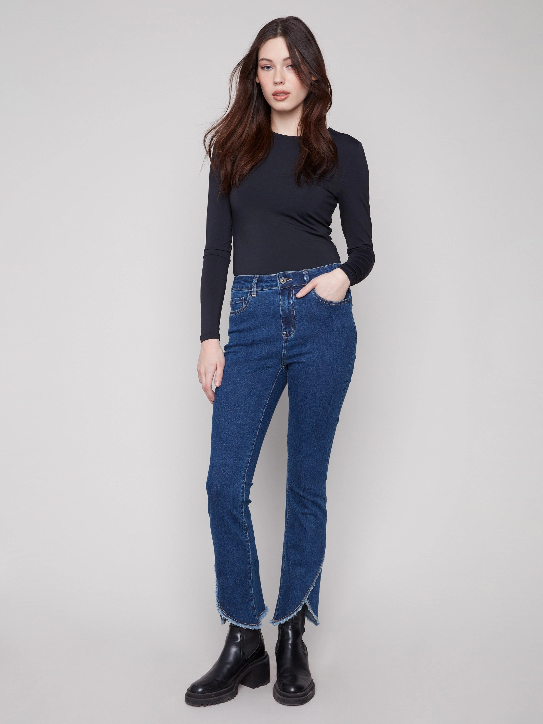 Front Tulip Hem Jeans - Indigo Winter Warmth Student Outfit Textured Flawless Design