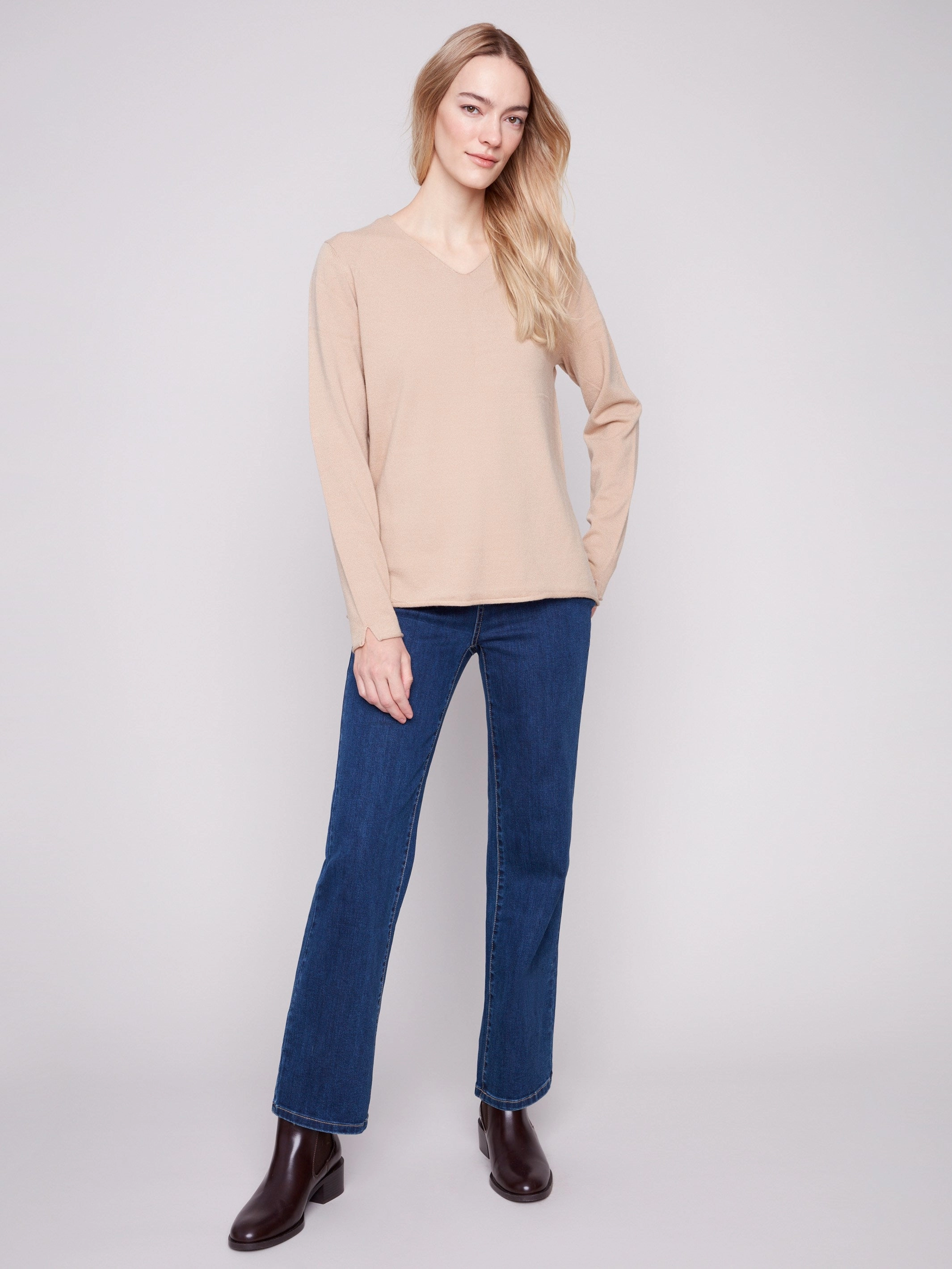 Linen belt Basic V-Neck Sweater - Sesame