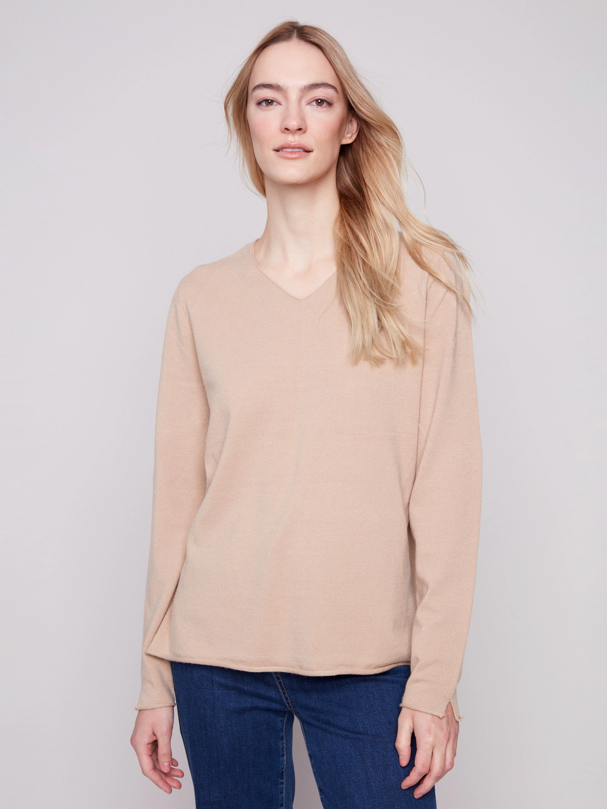 Basic V-Neck Sweater - Sesame Budget Friendly Striped Design