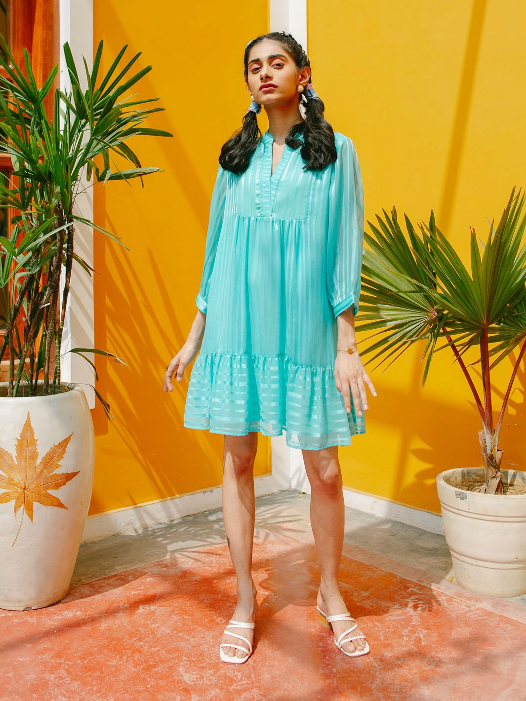 Marbella Blue Gather Chiffon Dress Dreamy Presence Studio Style