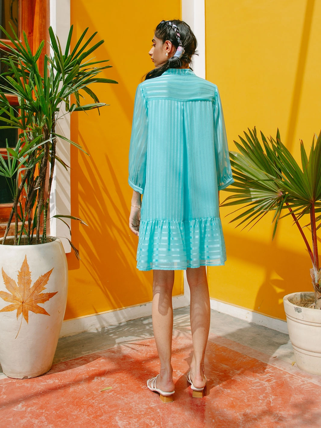 Marbella Blue Gather Chiffon Dress Walk Mood