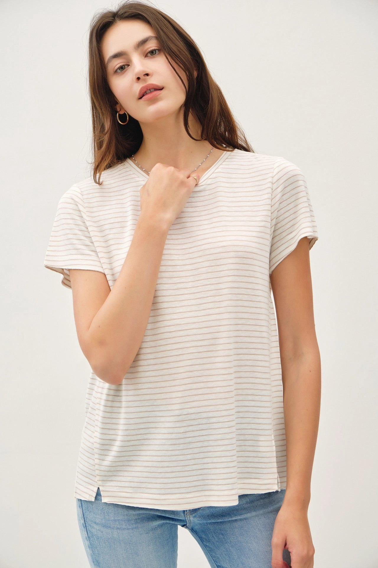 Cold Weather Outfit LINEN BLEND FINE STRIPE TEE
