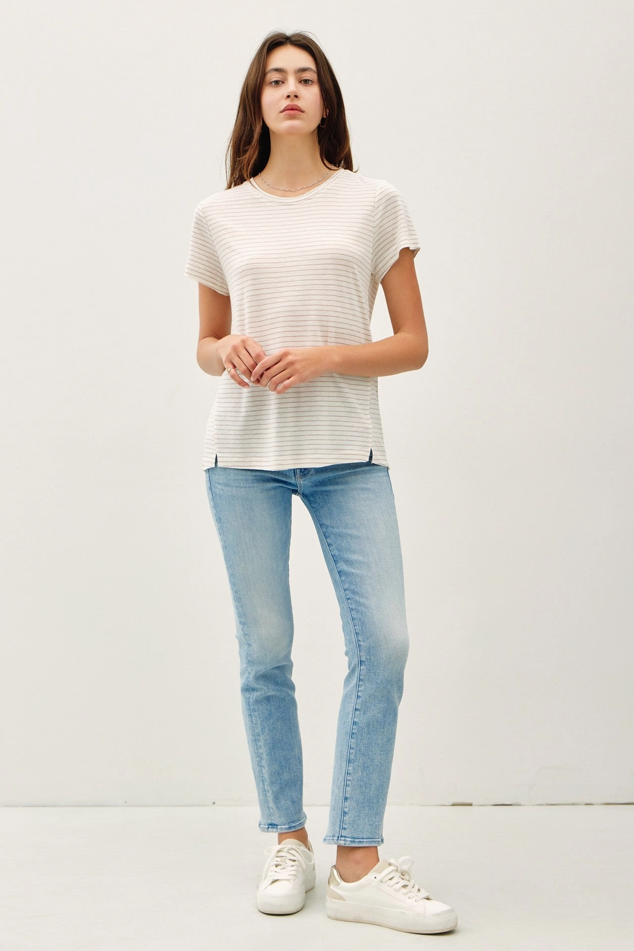 LINEN BLEND FINE STRIPE TEE Layered Neckline Details