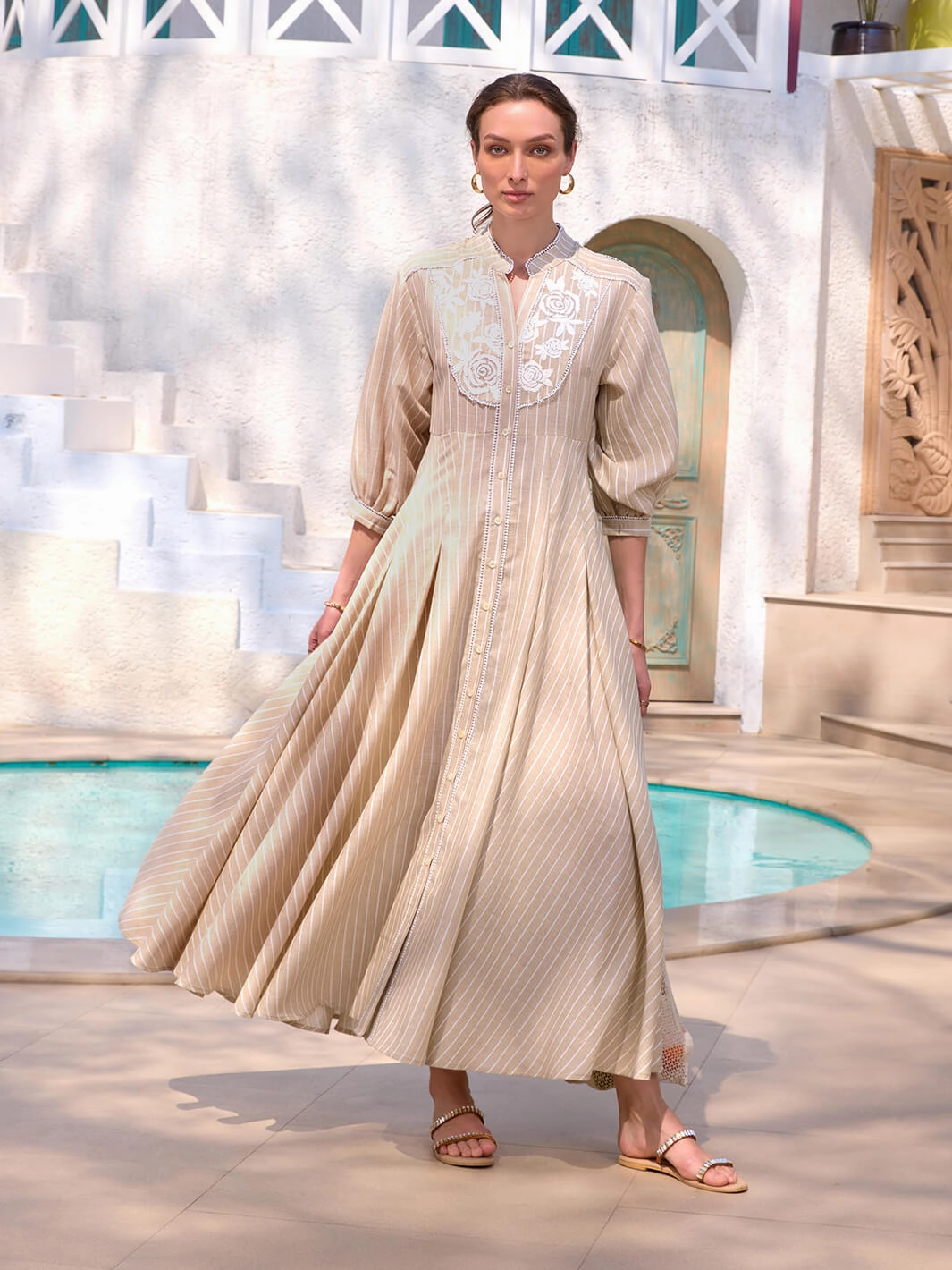 Minimalist feel Transitional-Wear Guana Embroidered A-Line Pleated Dress