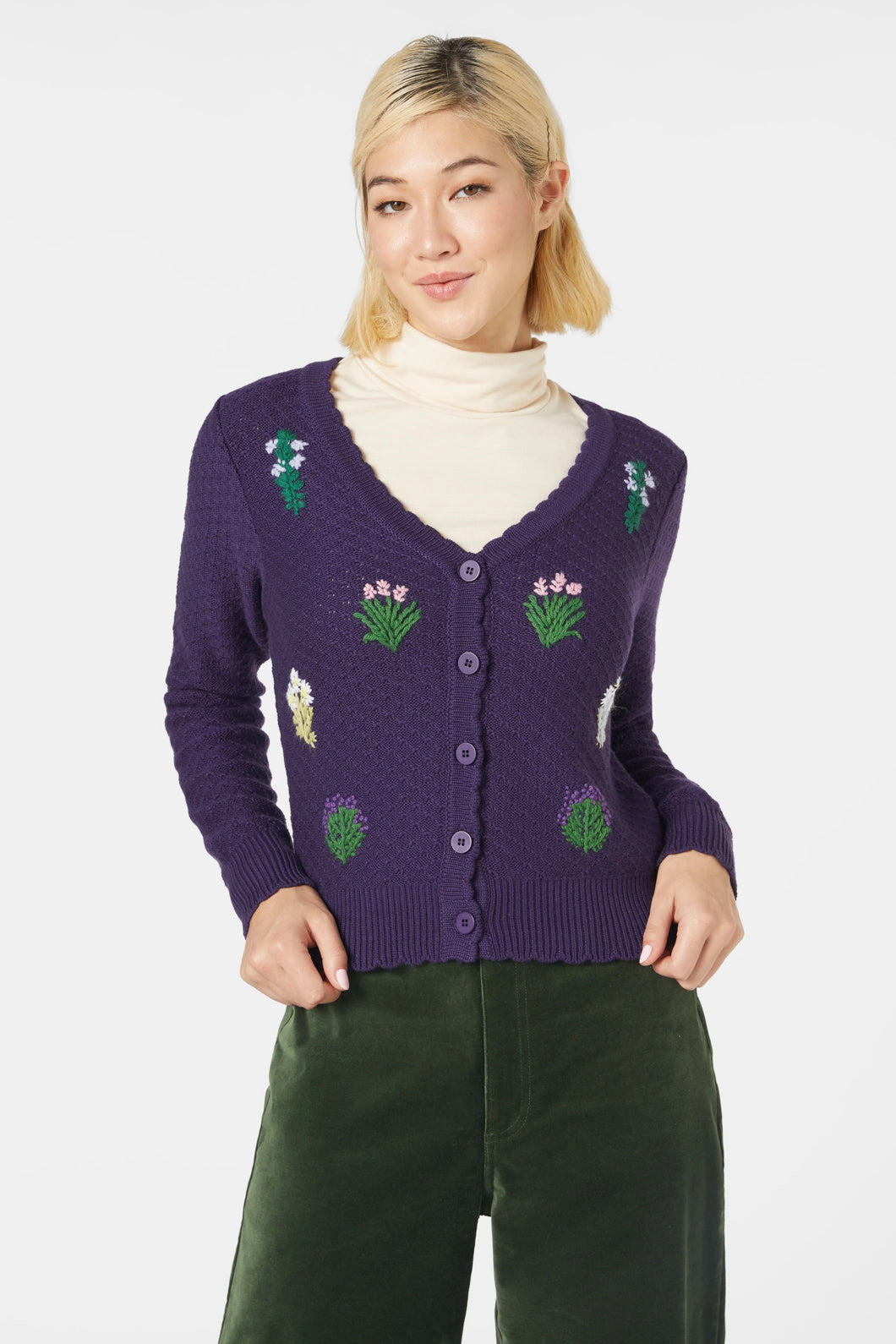 Herb Embroidered Cardi Reinforced Shoulder Seams Cozy All-Day
