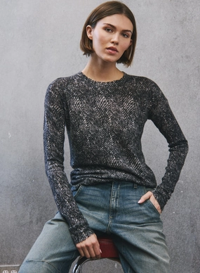 HERRINGBONE PRINT RAW EDGE CREW SWEATER Joy Ease Fashion Layers