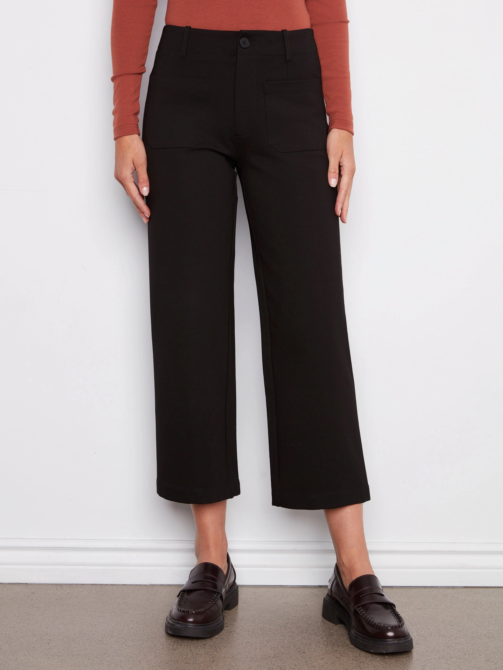 Side Pockets Patch Pocket Wide Leg Ponte Pants - Black