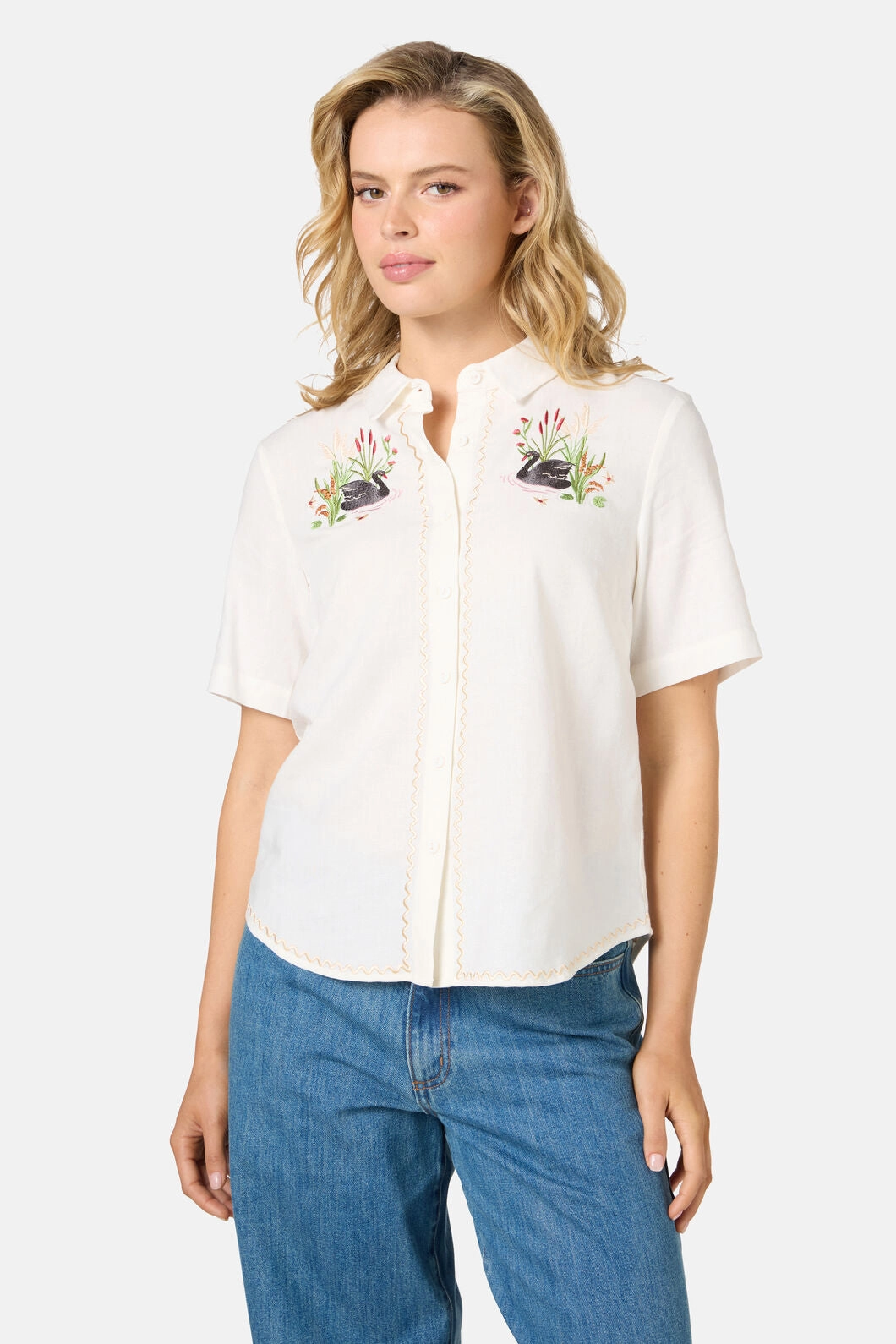 Swan Embroidered Shirt Comfortable Design