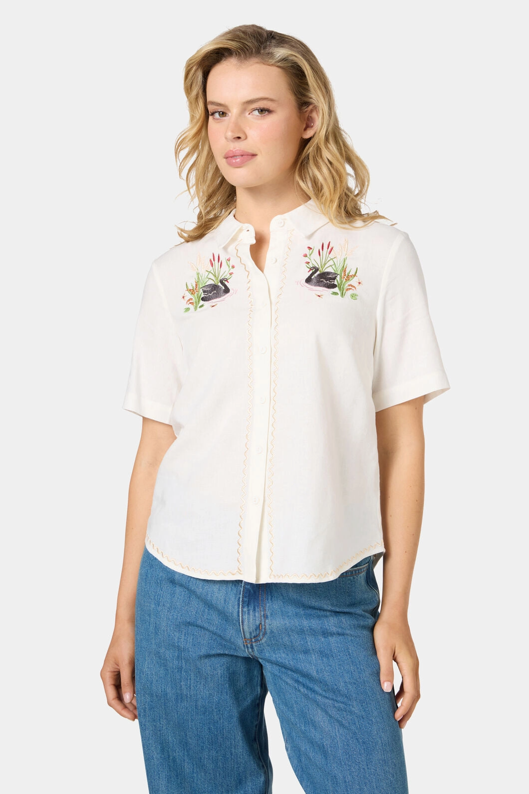 Swan Embroidered Shirt Weighted Hem