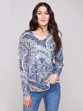 Printed V-Neck Sweater - Bohemian Cuffed