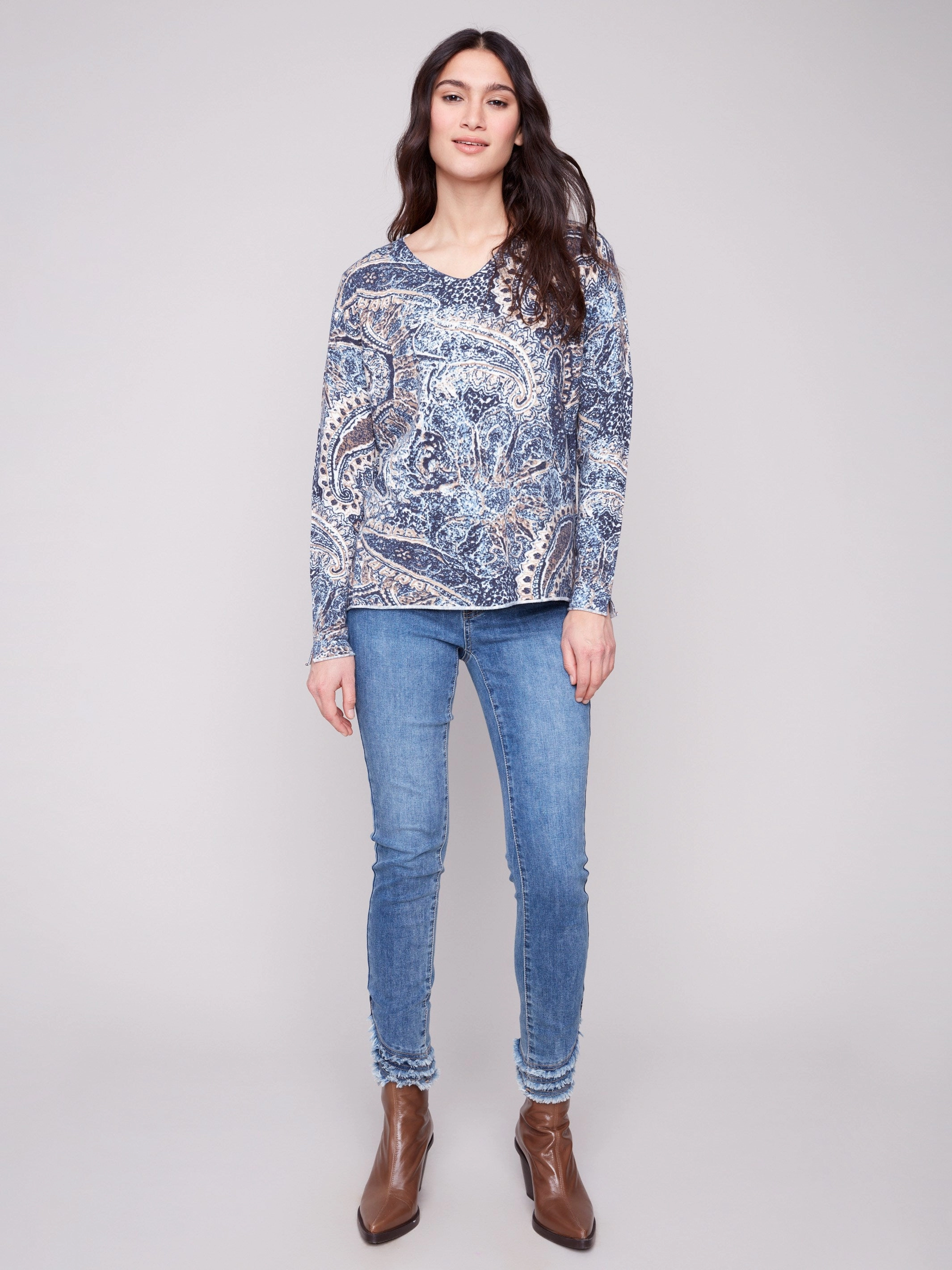 Printed V-Neck Sweater - Bohemian Multiple colors