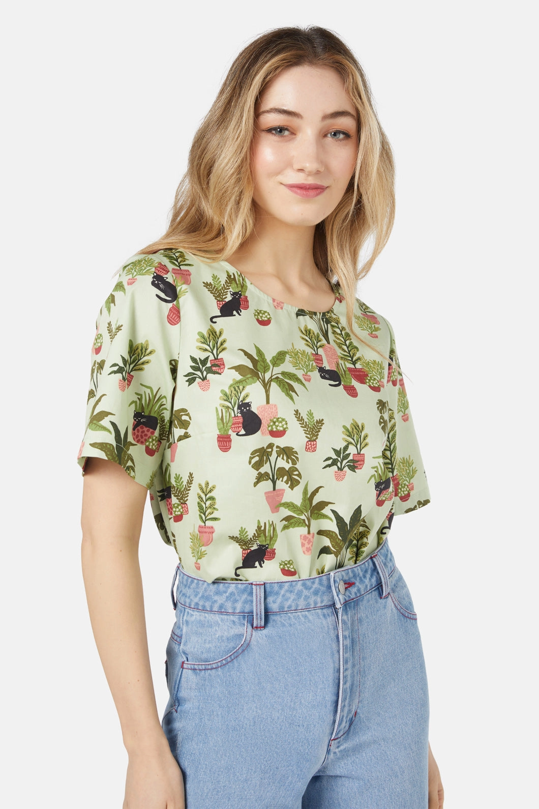 House Cat Top DropShoulderConstruction Comfortable Collar