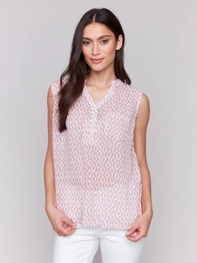 Hidden Button Placket Ruffle Edge Printed Cotton Gauze Sleeveless Shirt - Waves