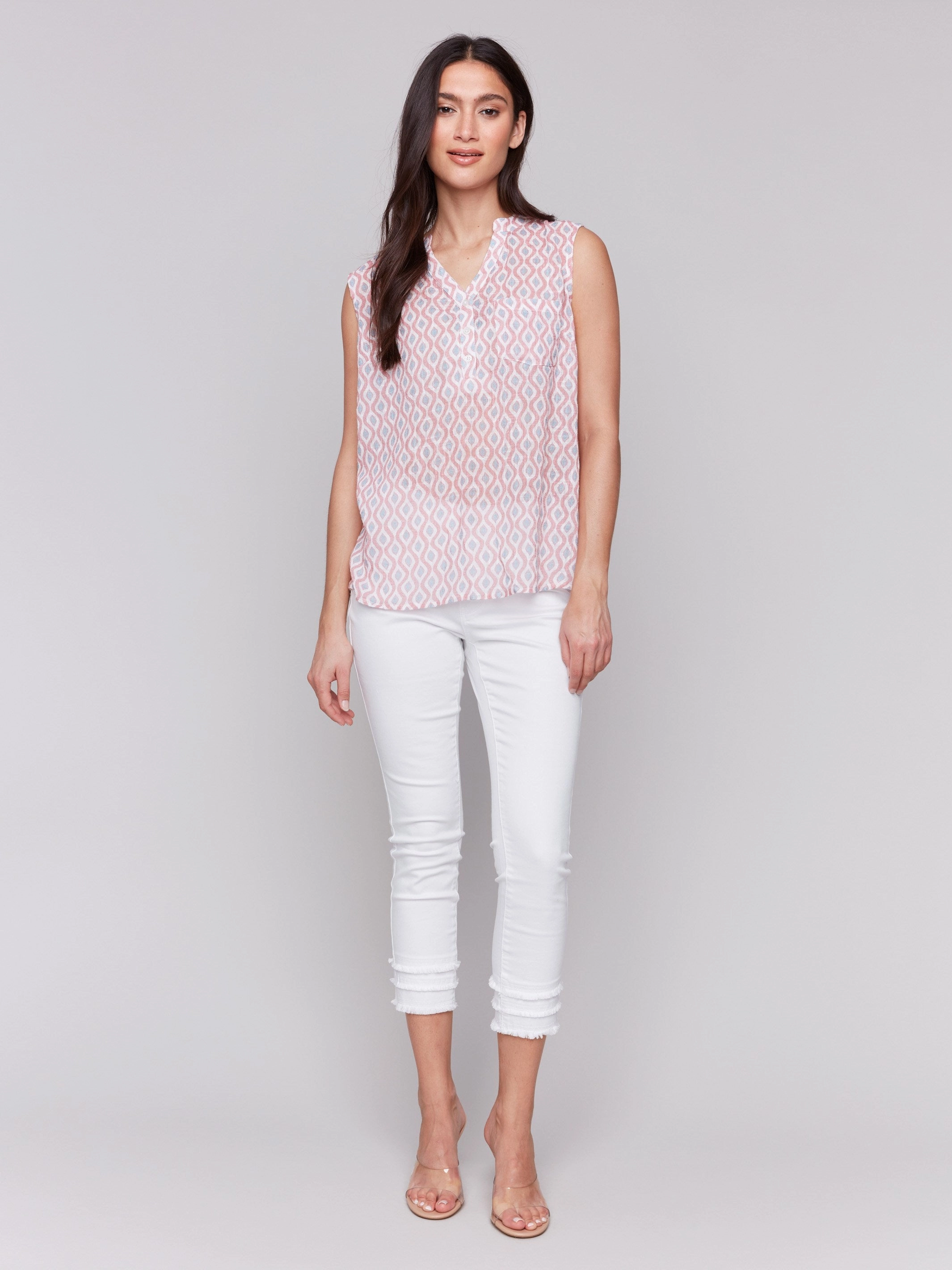 Printed Cotton Gauze Sleeveless Shirt - Waves Snag Free Surface